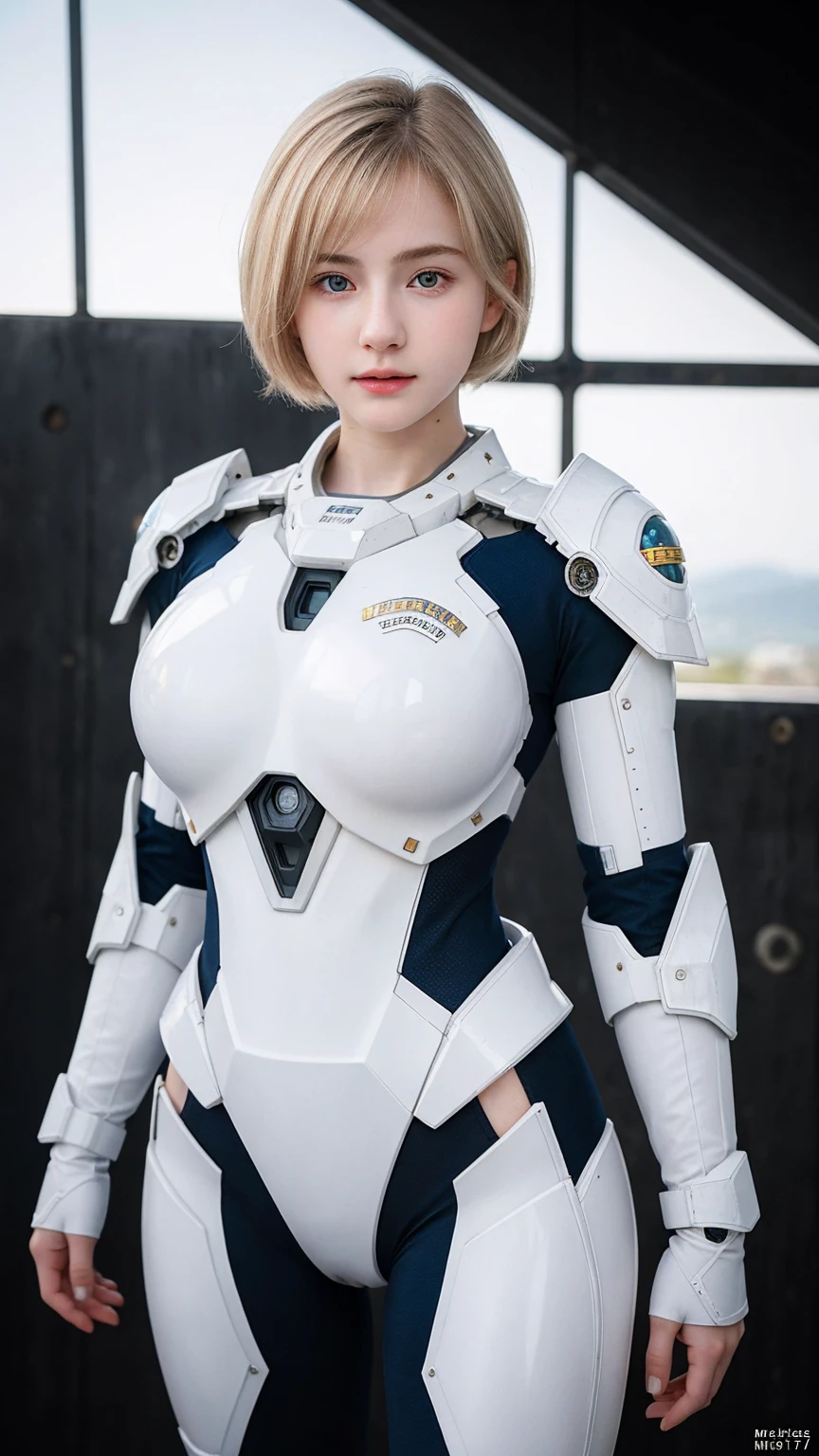 ((best quality)), photorealistic, photorealism, Photorealistic, high resolution, Beautiful, , 17 Years kin, pale skin, Medium breast, Combat pose, looking at the camera, (Detailed face), curtain hair, short hair, blonde hair, (wearing mecha bidysuit, mecha suit), (cloths color based on black), fullbody figure, fullbody shot, Fingers are occluded, concrete space ship background,