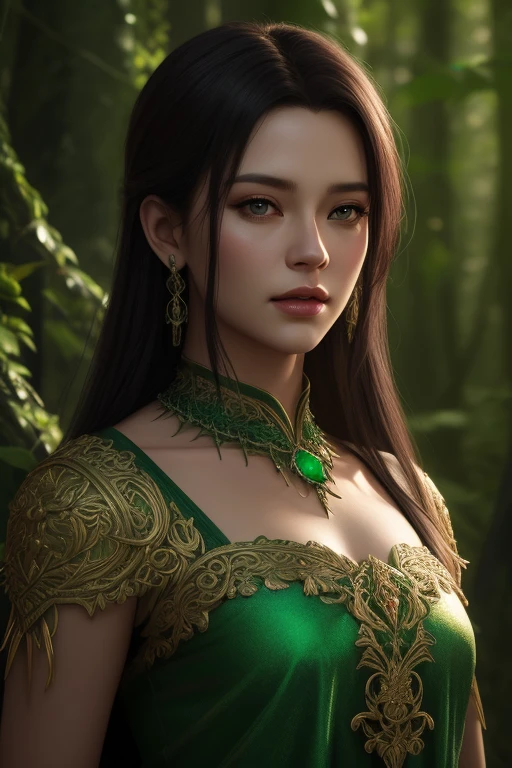 Half Body photorealistic handsome male Hunky Forest Spirit, skin made leaves and vines filigree, holding a glowing emerald jewel staff,. Forest as background face frontal camera focus asymmetrical face details,charachter, beautiful, devian art, trending artstation, digital art, detailed, realistic, humanoide, character,cinematic show ,cinematic lights, high textures, high resolution, dreamlikeart,