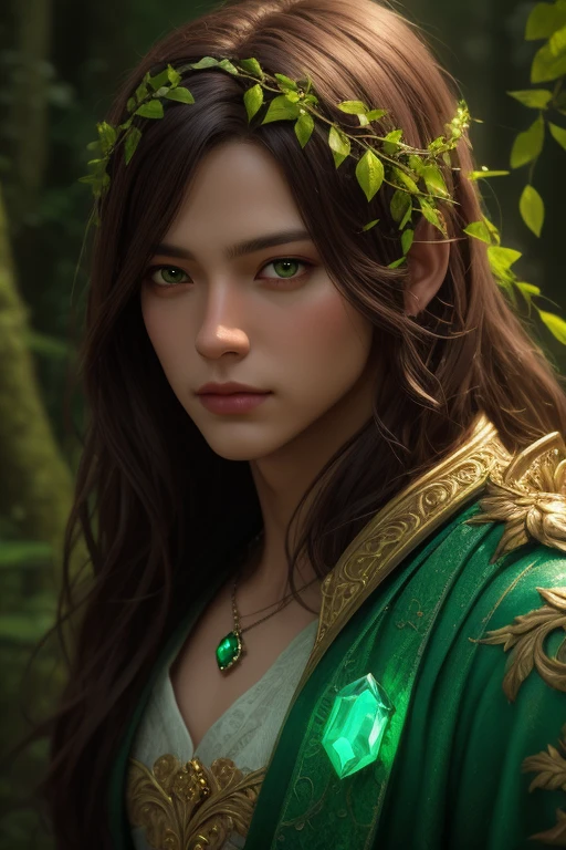 Half Body photorealistic handsome male Hunky Forest Spirit, skin made leaves and vines filigree, holding a glowing emerald jewel staff,. Forest as background face frontal camera focus asymmetrical face details,charachter, beautiful, devian art, trending artstation, digital art, detailed, realistic, humanoide, character,cinematic show ,cinematic lights, high textures, high resolution, dreamlikeart,