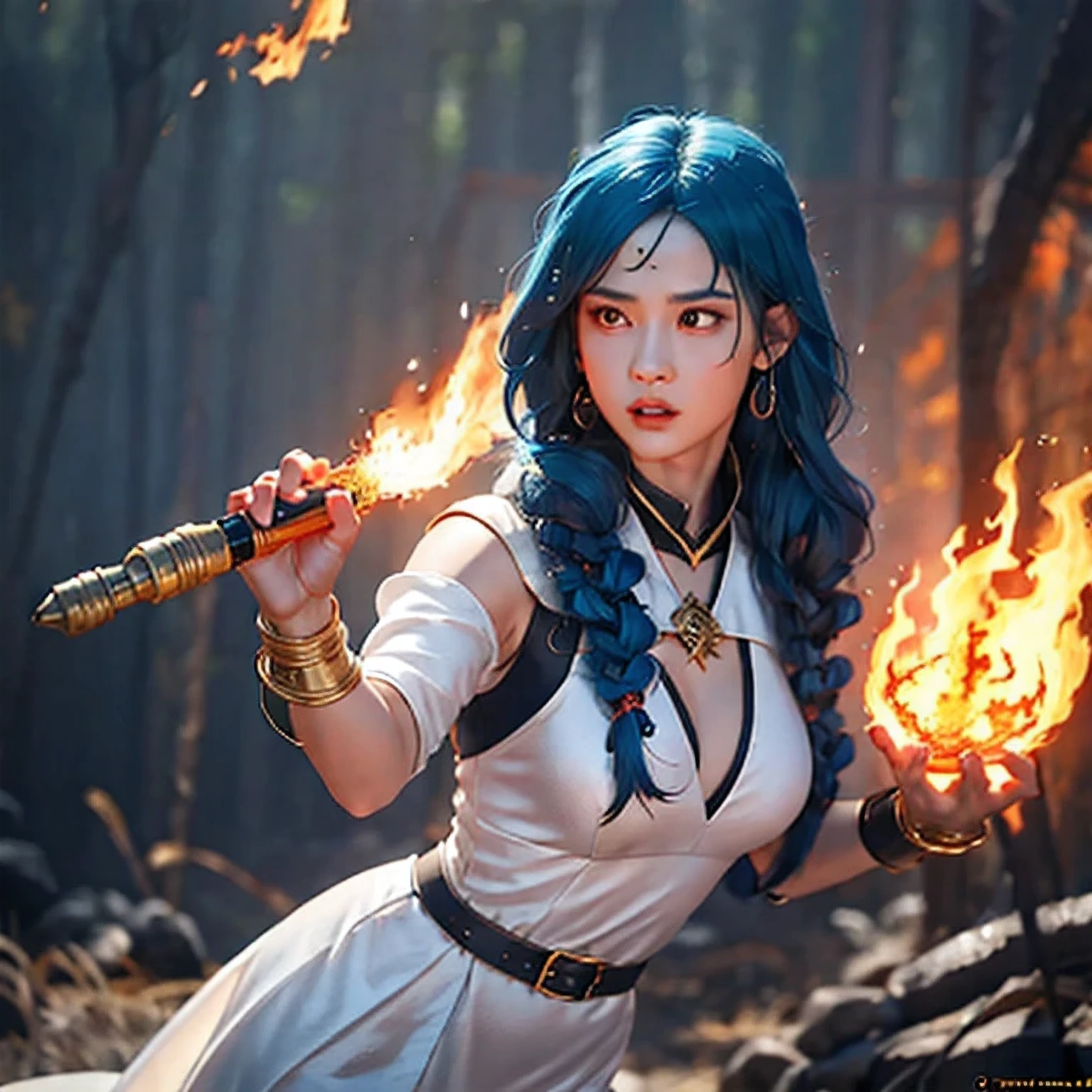  there is a girl with blue hair and a white dress holding a fire, ice sorceress, the sorceress casting a fireball, fantasy character photo, casting fire spell, (octane render) fantasy style, ice and fire, a sorceress casting a ice ball, realistic fantasy render, she has fire powers, ice mage, fantasy photoshoot  ,      arafed(((Perfect college student))