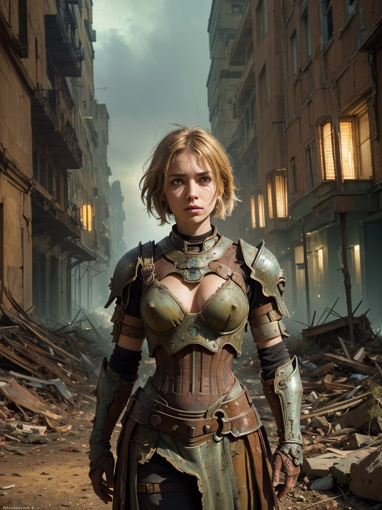 (best quality, masterpiece, highest detailed), (photorealistic:1.2), raw photo, a woman in fantastic armor, ((old, rusty armor), stands in the middle of the rubble, looking at viewer, (in the background there are ruins of the city), fallout style, looking at the viewer , fantastic style, post-apocalysis, (vibrant color), (intricate details), exposure blend, dim light, (hdr:1.4), high contrast, (muted colors, dim colors, soothing tones:1.3), low saturation, morbid