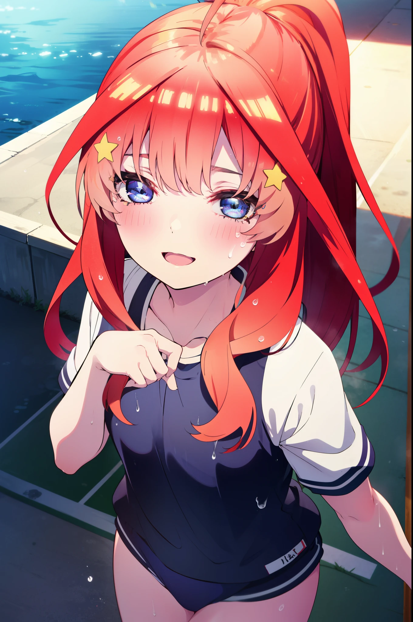itsukinakano, Itsuki Nakano, bangs, blue eyes, Hair between the eyes, Ahoge, Redhead, star \(symbol\), hair ornaments, star hair ornaments,ponytail, smile, happy smile, smile, Open your mouth,smile,Sweat,Wet Skin,Wet clothes,Sportswear,Bloomers,sneakers,whole bodyがイラストに入るように,running,Looking up from below,
break outdoors ,School,グラウンド
break looking at viewer, whole body,(Cowboy Shot:1. 5) ,
break (masterpiece:1.2), highest quality, High resolution, unity 8k wallpaper, (shape:0.8), (Beautiful details:1.6), Highly detailed face, Perfect lighting, Extremely detailed CG, (Perfect hands, Perfect Anatomy),