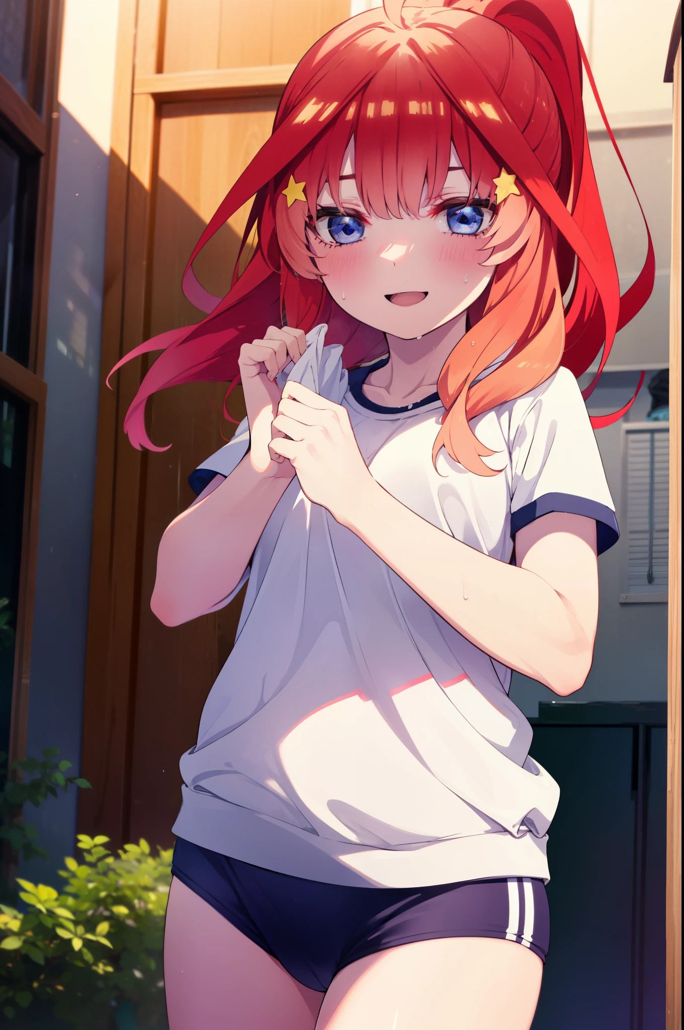 itsukinakano, Itsuki Nakano, bangs, blue eyes, Hair between the eyes, Ahoge, Redhead, star \(symbol\), hair ornaments, star hair ornaments,ponytail, smile, happy smile, smile, Open your mouth,smile,Sweat,Wet Skin,Wet clothes,Sportswear,Bloomers,sneakers,whole bodyがイラストに入るように,running,Looking up from below,
break outdoors ,School,グラウンド
break looking at viewer, whole body,(Cowboy Shot:1. 5) ,
break (masterpiece:1.2), highest quality, High resolution, unity 8k wallpaper, (shape:0.8), (Beautiful details:1.6), Highly detailed face, Perfect lighting, Extremely detailed CG, (Perfect hands, Perfect Anatomy),