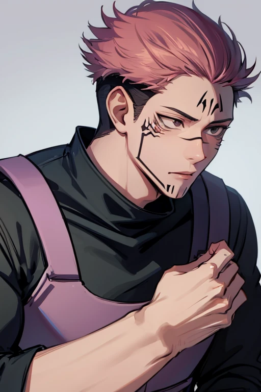 Adults boys, gay, Itadori Yuji com peitos grandes, Ryomen Sukuna, anime Jujutsu Kaisen, pink hair, short hair.