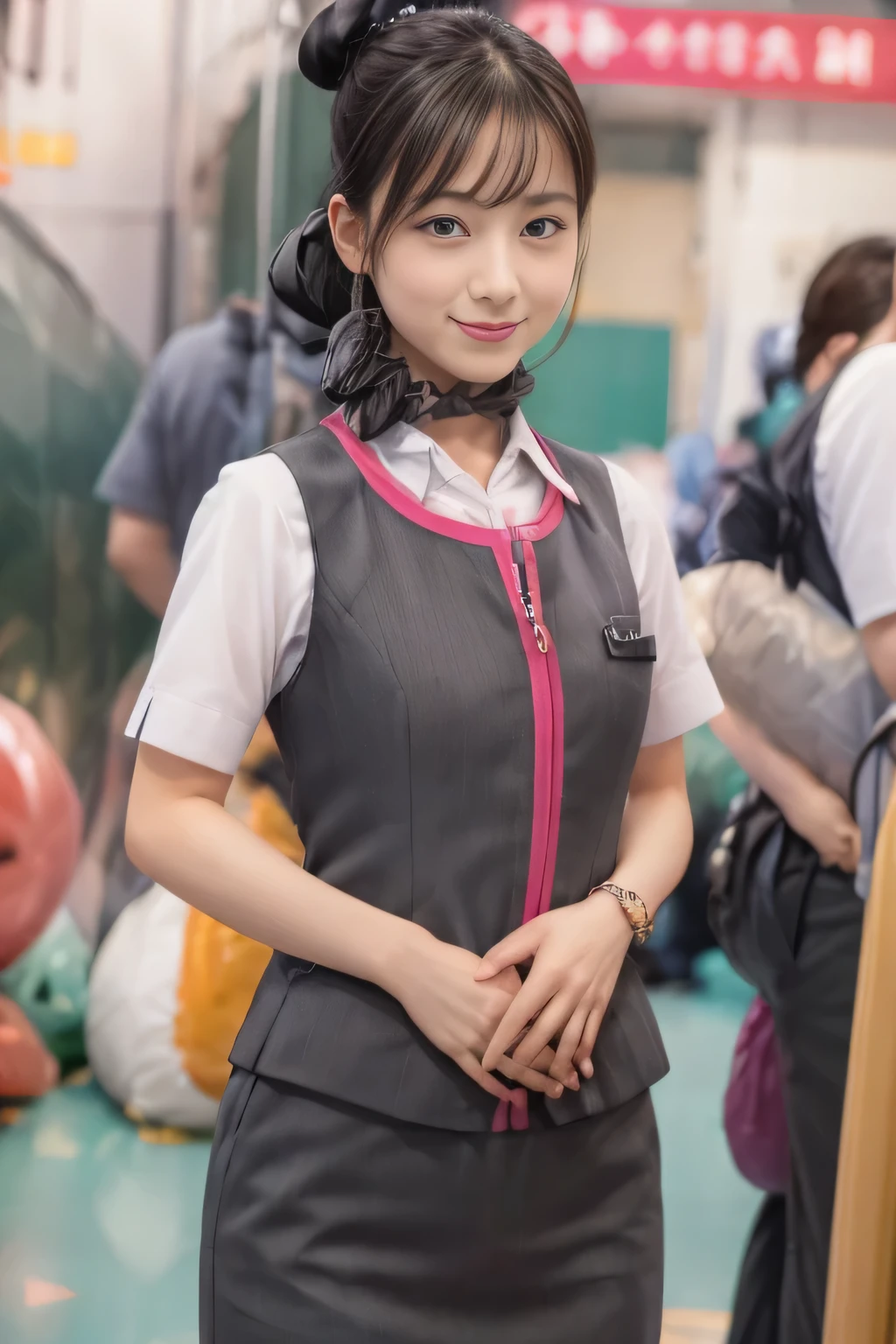 (masterpiece:1.2, highest quality:1.2), 32K HDR, High resolution, (alone、1 girl)、（At the station platform、Professional Lighting）、Station Background、（Realistic style wearing JR GranClass attendant uniform）、Blouse with short sleeves、Scarf around the neck、（JR GranClass attendant uniform with pink parts on the sleeves of the skirt）、（JR GranClass attendant uniform with pink stripe on the front of the vest）、Dark brown hair、（Hair tied up、Bun Hair、Chignon）、Dark brown hair、Long Shot、（（Fine hand：2.0）），（（Harmonious body proportions：1.5）），（（Normal limbs：2.0）），（（Normal finger：2.0）），（（Delicate eyes：2.0）），（（Normal eyes：2.0））)、Luxury Necklace、smile、Beautiful standing posture,Place your hands around your stomach