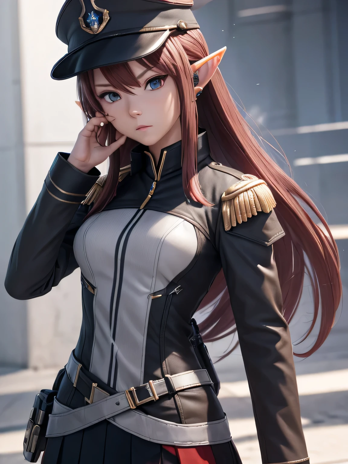 highly detailed 3D rendering of a character named Ulc from SEGA's PSO2. elf-like female with pointed ears, (small gray woman's Garrison cap), (long straight dark red hair), (gray futuristic military-style uniform, including a fitted jacket with intricate white designs, shoulder epaulets, and a skirt), (annoyed, stupefied), (one hand near her ear as if she is communicating through a device)