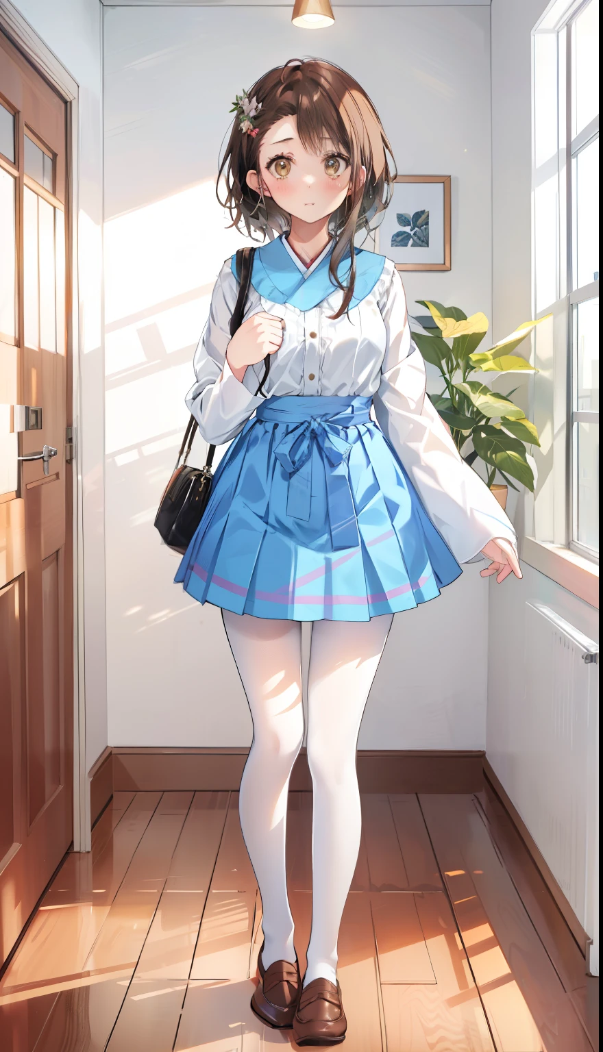 One Girl、positive、Standing posture、Full body portrait、Brown haired、Medium Haircut、blush、Absolute area、Knee socks、Knee-length、stockings、pantyhose、lace pantyhose、White underwear、Light blue shirt、Blue checked pleated skirt、、Japanese high school students、Summer clothes、Inside the house、Daytime、（Very large breasts）、((Lesbians all over))、masterpiece、（highest quality）、
Panties around the ankles、loafers