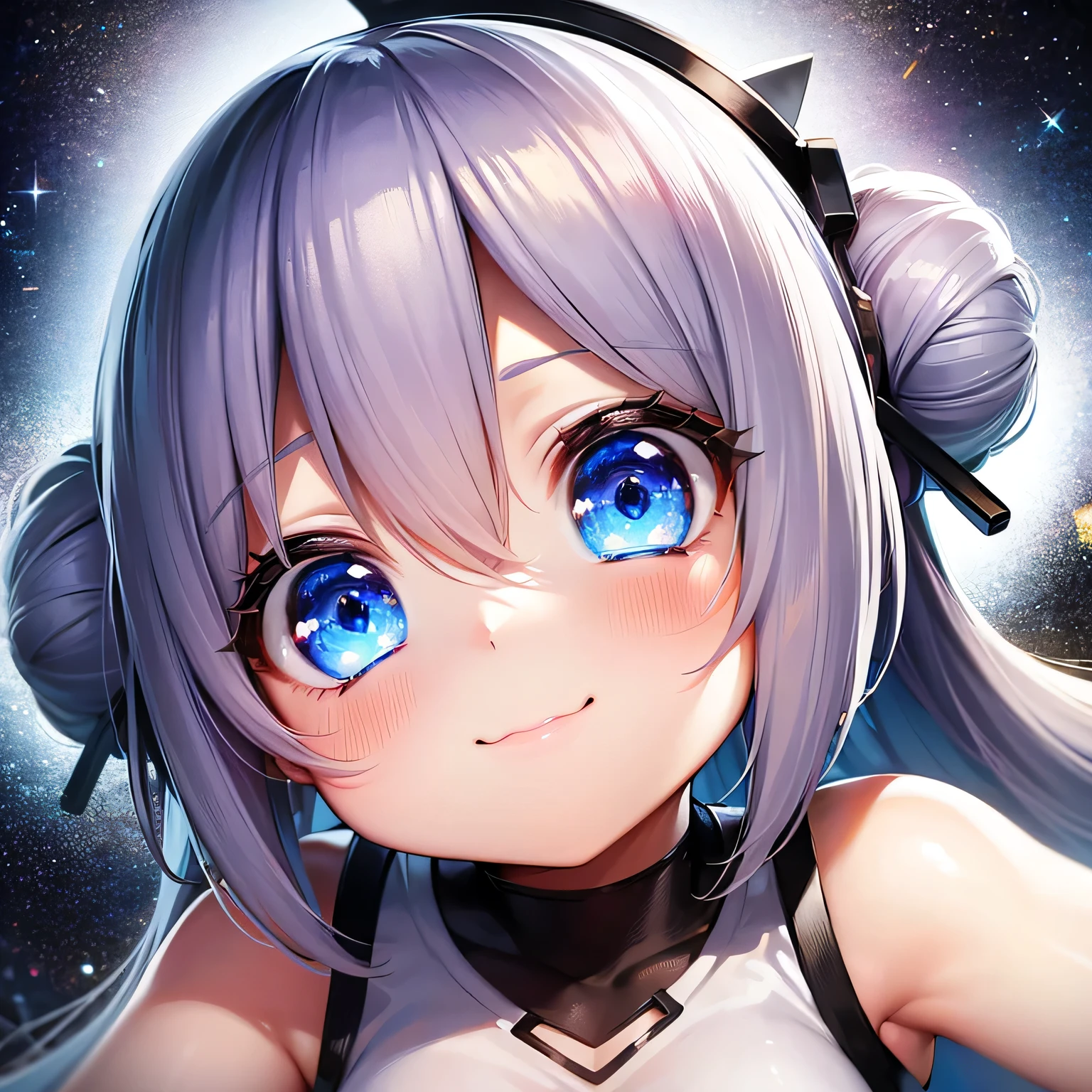 Chibi Character、One Girl、Blonde、Short Bob、Close-up of upper body、Tabletop、No background, thin、Signal with a smile、Laugh with your mouth wide open、Cute Smile、large size white t-shirt、 Short bun hairstyle:1.3,(eye shadow, eyeliner)(Bright Blue Eyes、Narrow space between the eyes、Gloss Lip、Sharp contours、 :3, Ahoge)、