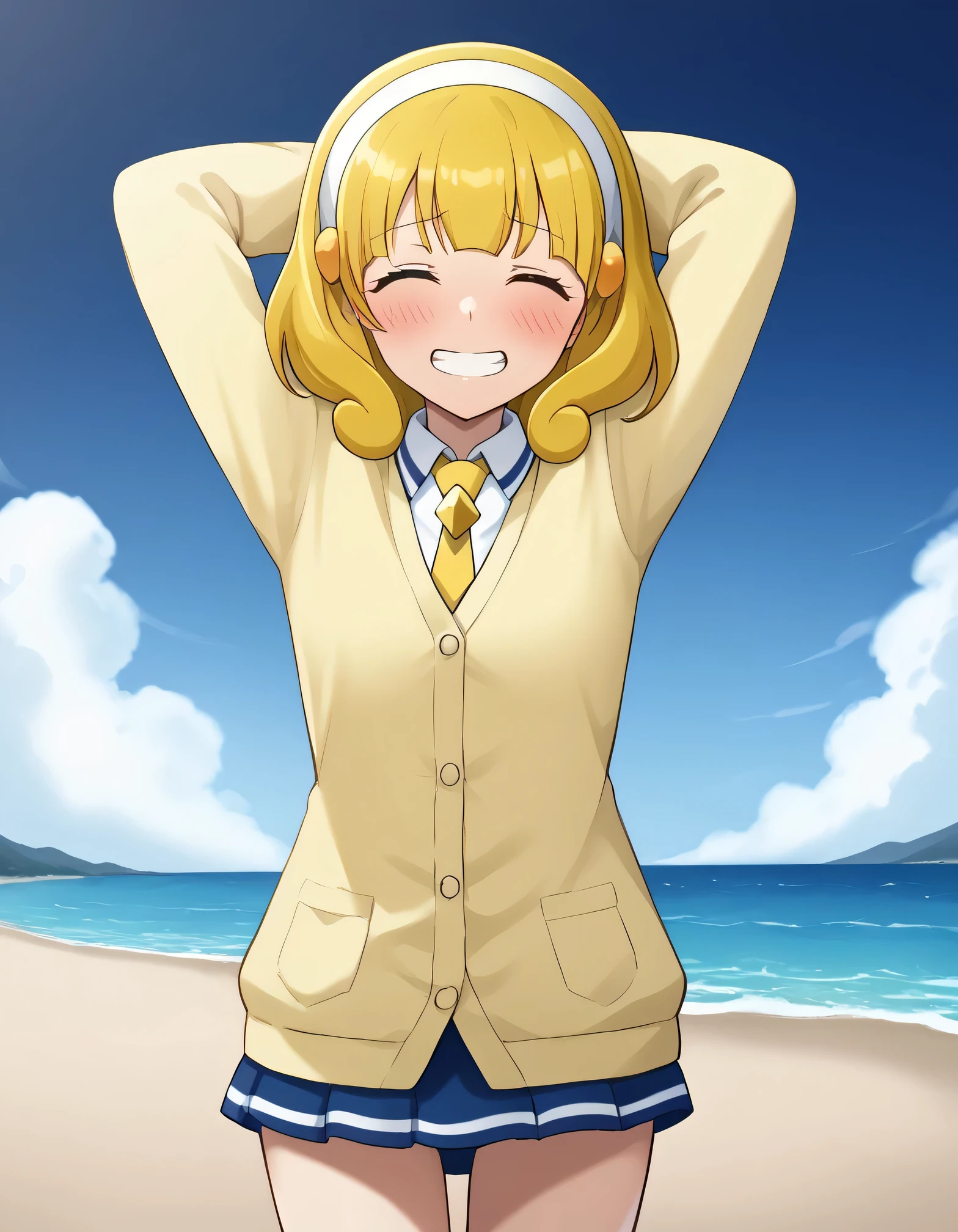 score_9, source_anime, rating_safe BREAK 1girl, solo
kise yayoi, yellow hair, yellow eyes, white hairband, hair ornament, medium hair, nanairogaoka middle , yellow necktie, yellow cardigan, (cowboy shot:1.5), solo, night sky, beach, arms behind head, contrapposto, spread armpits, looking at viewer, best quality, closed eyes, shy, grin, blushing,