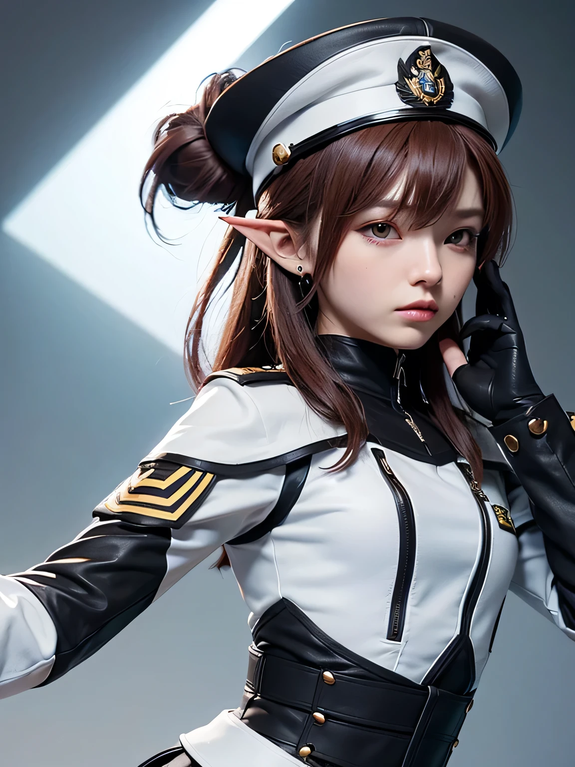 highly detailed 3D rendering of a character named Ulc from SEGA's PSO2. elf-like female with pointed ears, (small gray woman's Garrison cap), (long straight dark red hair), (gray futuristic military-style uniform, including a fitted jacket with intricate white designs, shoulder epaulets, and a skirt), (annoyed, stupefied), (one hand near her ear as if she is communicating through a device)