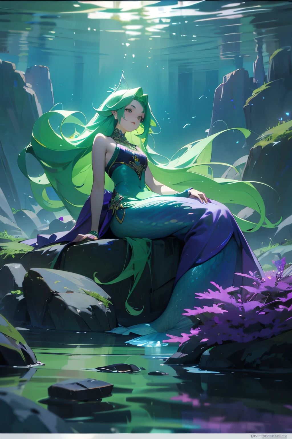 A mermaid with long,flowing green hair, glowing purple eyes, wearing a majestic, ornate dress, sitting on a rock in a serene underwater scene, 4k, 8k, high resolution, hyper detailed, photorealistic, award winning digital art, masterpiece, cinematic lighting, vibrant colors, intricate details