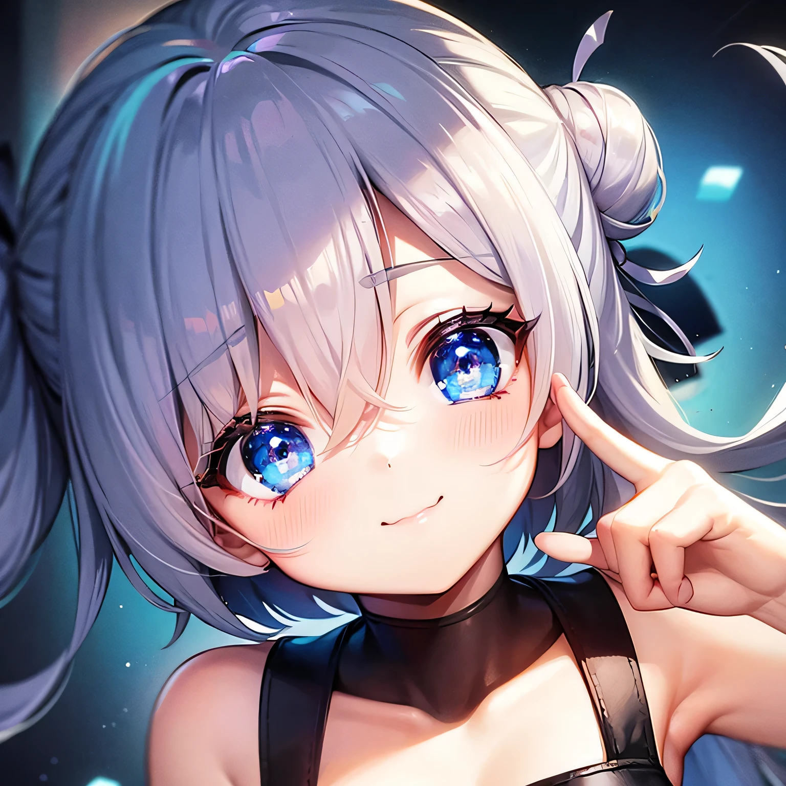 Chibi Character、One Girl、Blonde、Short Bob、Close-up of upper body、Tabletop、No background, thin、Signal with a smile、Laugh with your mouth wide open、Cute Smile、large size white t-shirt、 Short bun hairstyle:1.3,(eye shadow, eyeliner)(Bright Blue Eyes、Narrow space between the eyes、Gloss Lip、Sharp contours、 :3, Ahoge)、