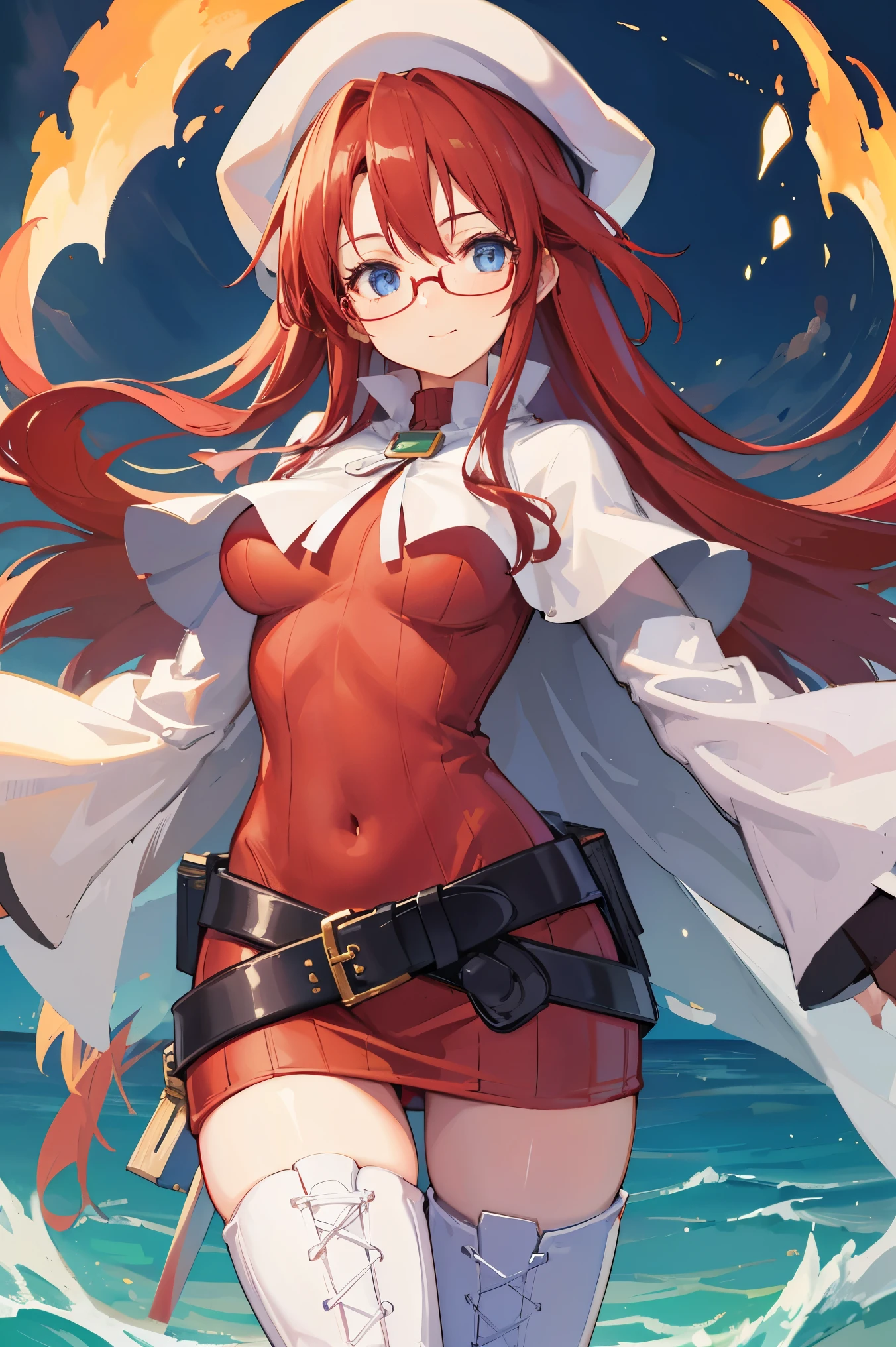 summonnightaty, aty, (young:1.3),long hair, blue eyes, red hair, large_tits, hat, glasses,
BREAK long hair, thighhighs, hat, dress, boots, glasses, belt, cape, sweater, zettai ryouiki, beret, thigh boots, white footwear, ribbed sweater, loose belt,solo,
BREAK outdoors, fantasy,on_beach
,Highquality_hads,perfect_fingers,
BREAK (masterpiece:1.2), best quality, high resolution, unity 8k wallpaper, (illustration:0.8), (beautiful detailed eyes:1.6), extremely detailed face, perfect lighting, extremely detailed CG, (perfect hands, perfect anatomy),covered_nipples,covered_navel ,half_eyes,long_sword,sleepy,standing,red_sweater,apart_knees,magical_effect,spread_legs, have_a_book,teacher,rise_knee,Smile,rise_hand,look_down_viewer,spread_arms,