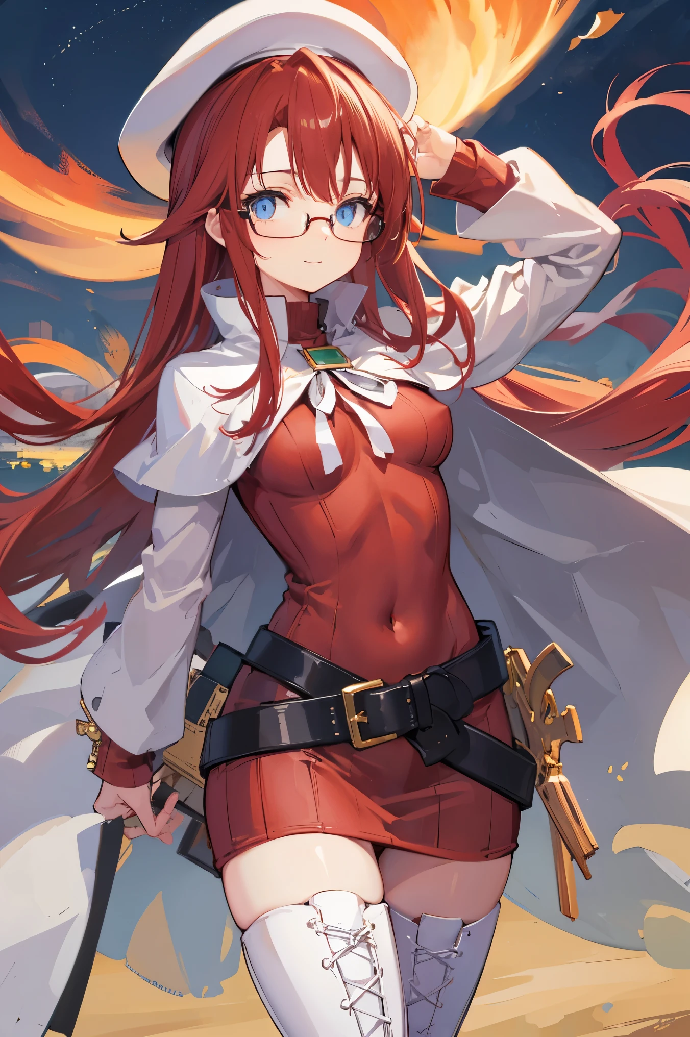 summonnightaty, aty, (young:1.3),long hair, blue eyes, red hair, large_tits, hat, glasses,
BREAK long hair, thighhighs, hat, dress, boots, glasses, belt, cape, sweater, zettai ryouiki, beret, thigh boots, white footwear, ribbed sweater, loose belt,solo,
BREAK outdoors, fantasy,on_beach
,Highquality_hads,perfect_fingers,
BREAK (masterpiece:1.2), best quality, high resolution, unity 8k wallpaper, (illustration:0.8), (beautiful detailed eyes:1.6), extremely detailed face, perfect lighting, extremely detailed CG, (perfect hands, perfect anatomy),covered_nipples,covered_navel ,half_eyes,long_sword,sleepy,standing,red_sweater,apart_knees,magical_effect,spread_legs, have_a_book,teacher,rise_knee,Smile,rise_hand,look_down_viewer,spread_arms,