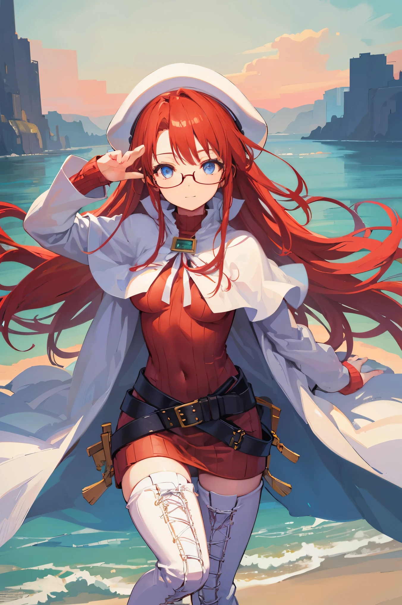 summonnightaty, aty, (young:1.3),long hair, blue eyes, red hair, large_tits, hat, glasses,
BREAK long hair, thighhighs, hat, dress, boots, glasses, belt, cape, sweater, zettai ryouiki, beret, thigh boots, white footwear, ribbed sweater, loose belt,solo,
BREAK outdoors, fantasy,on_beach
,Highquality_hads,perfect_fingers,
BREAK (masterpiece:1.2), best quality, high resolution, unity 8k wallpaper, (illustration:0.8), (beautiful detailed eyes:1.6), extremely detailed face, perfect lighting, extremely detailed CG, (perfect hands, perfect anatomy),covered_nipples,covered_navel ,half_eyes,long_sword,sleepy,standing,red_sweater,apart_knees,magical_effect,spread_legs, have_a_book,teacher,rise_knee,Smile,rise_hand,look_down_viewer,spread_arms,