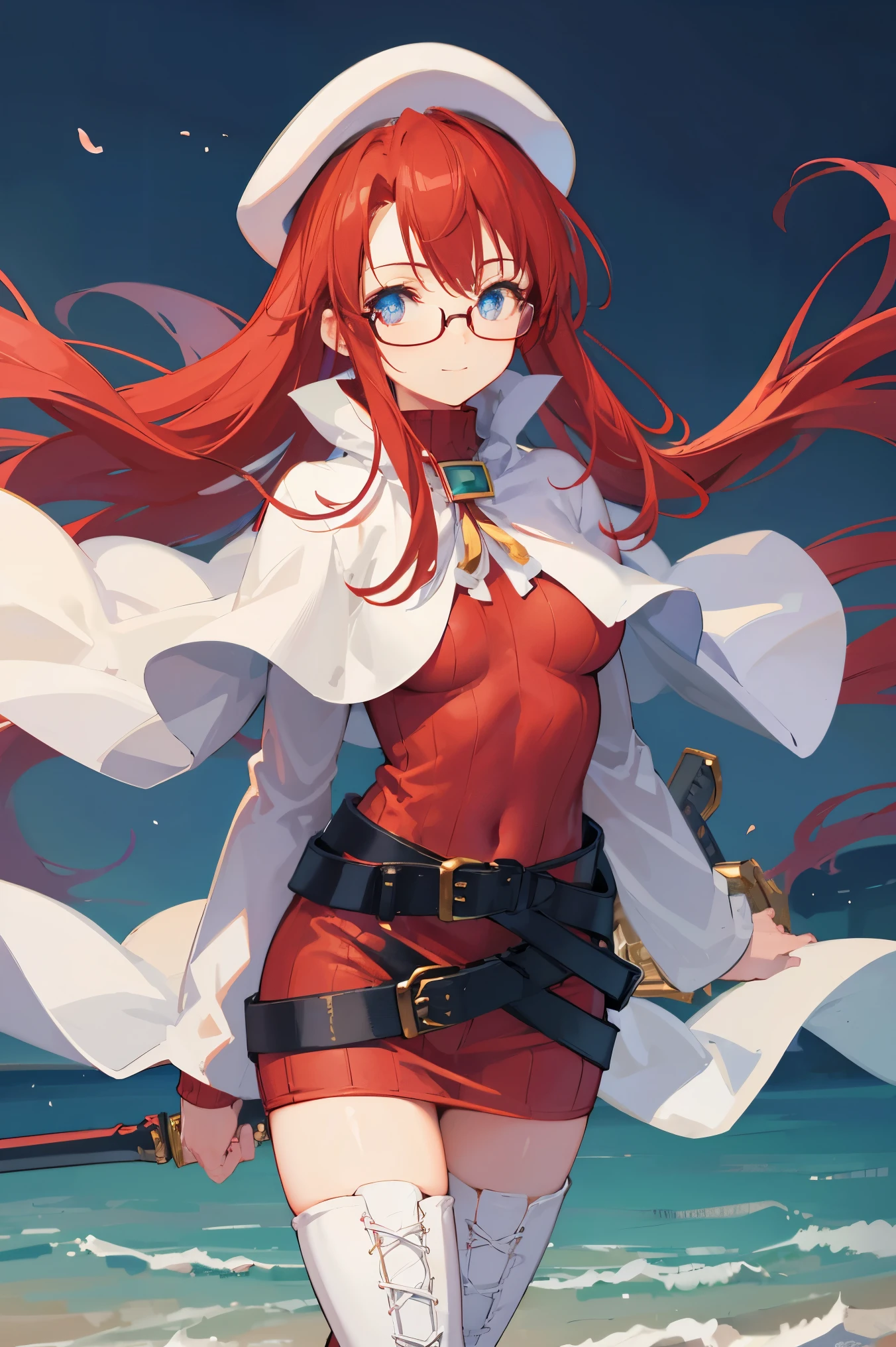 summonnightaty, aty, (young:1.3),long hair, blue eyes, red hair, big_berets, hat, glasses,
BREAK long hair, thighhighs, hat, dress, boots, glasses, belt, cape, sweater, zettai ryouiki, beret, thigh boots, white footwear, ribbed sweater, loose belt,solo,
BREAK outdoors, fantasy,on_beach
,Highquality_hads,perfect_fingers,
BREAK (masterpiece:1.2), best quality, high resolution, unity 8k wallpaper, (illustration:0.8), (beautiful detailed eyes:1.6), extremely detailed face, perfect lighting, extremely detailed CG, (perfect hands, perfect anatomy),covered_nipples,covered_navel ,half_eyes,long_sword,sleepy,standing,red_sweater,apart_knees,magical_effect,spread_legs, have_a_book,teacher,rise_knee,Smile,rise_hand,look_down_viewer,spread_arms,