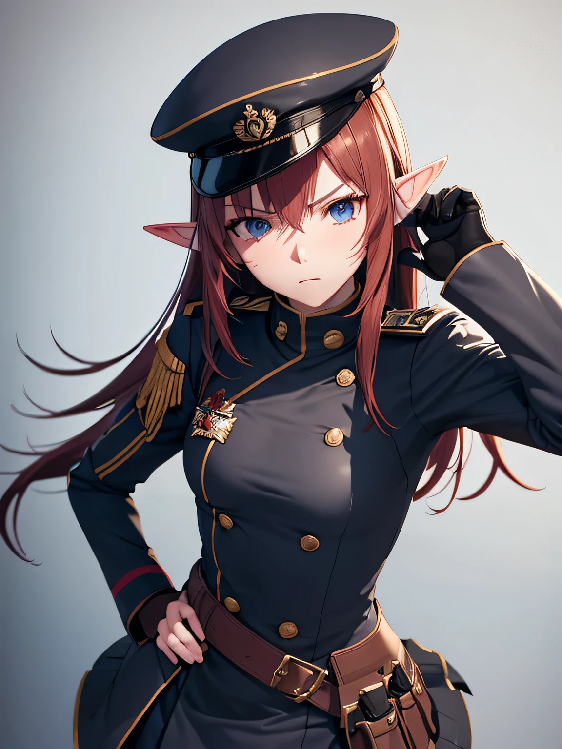 highly detailed 3D rendering of a character named Ulc from SEGA's PSO2. elf-like female with pointed ears, (small gray woman's Garrison cap), (long straight dark red hair), (gray futuristic military-style uniform, including a fitted jacket with intricate white designs, shoulder epaulets, and a skirt), (annoyed, stupefied), (one hand near her ear as if she is communicating through a device)