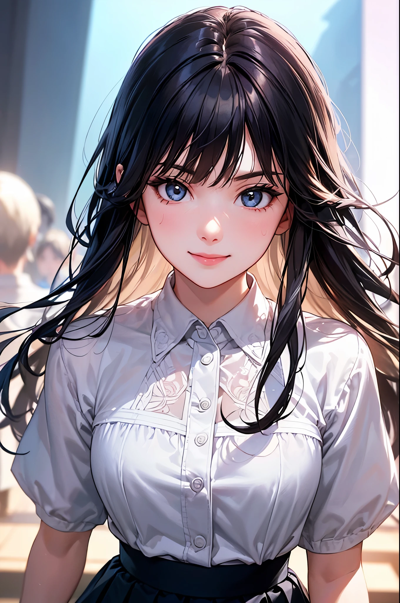 ((Biologically correct limb count))、(( Illustrations including faces))、4K、Masterpiece、((Focus on the face))、((Symmetrical, well-proportioned facial features))、Eyes with delicate depictions、Beautiful woman、Outstanding style、Slender Body、(shirt、High heels、((skirt)))、(Looking up、smile)、((Upper body close-up))、The background is a concert hall、((Realistic photo))、profile、((Fantastic photos)))