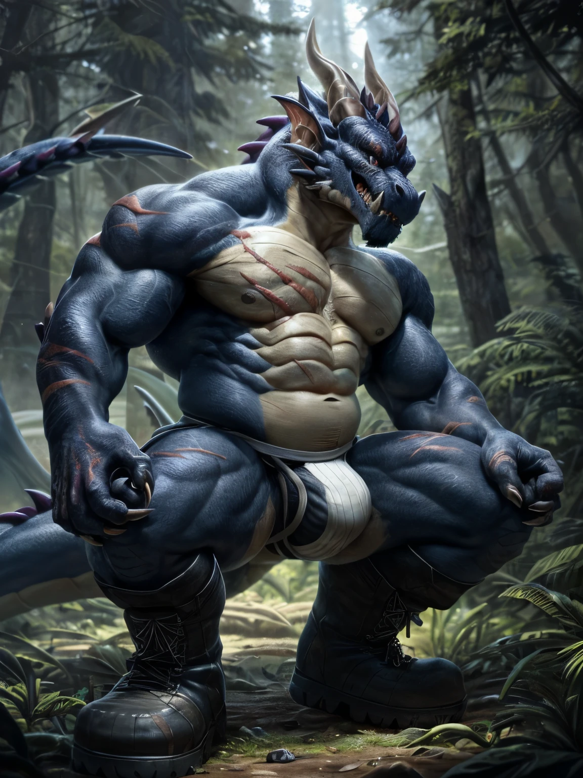 (1 dragon beast race middle-aged male character:1.5), (muscular yet plump body:1.4), (burly fur:1.4), (body scars:1.3), (wearing only a jockstrap and boots:1.5), (holding a smartphone:1.2), snarling expression, sharp fangs, jockstrap, boots, forest setting, lush foliage, natural lighting, a sense of wildness and ruggedness, crouching on the ground, one hand holding the smartphone, ultra-detailed, intricate, illustration, detailed lighting