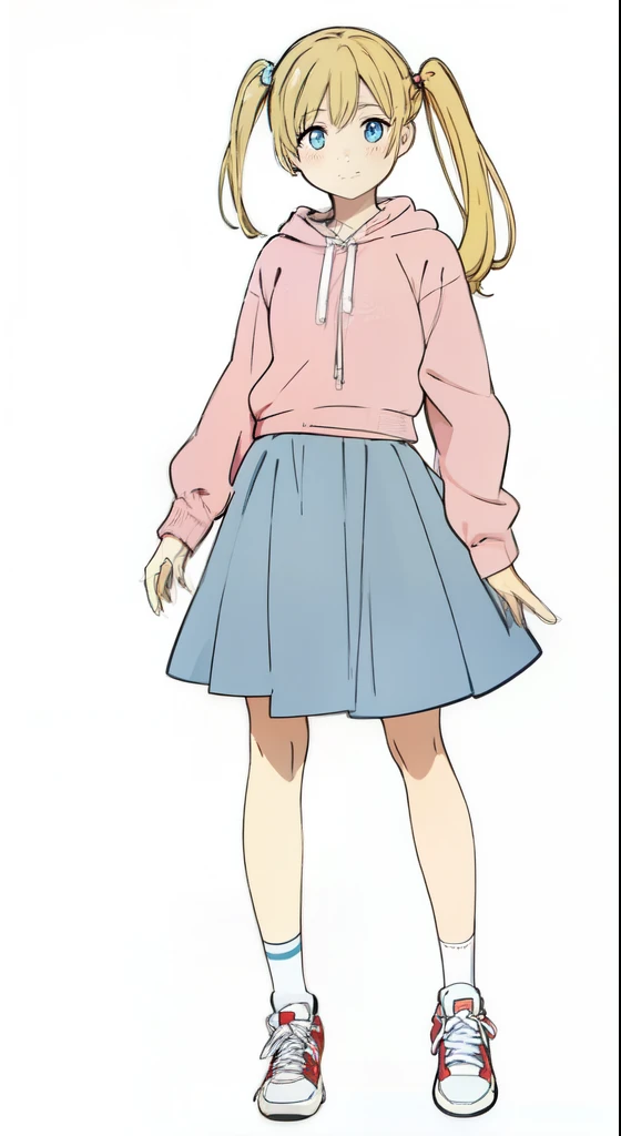 (best quality:1.0), (masterpiece:1.0), (super fine illustration:1.0), (beautiful artwork:1.0), (anime screencap:1.0), (official art:1.0), (european:1.0), (cheerful:1.0), (white background:1.0), (best quality:1.0), (masterpiece:1.0), (super fine illustration:1.0), (beautiful artwork:1.0), (anime screencap:1.0), (official art:1.0), (solo:1.0), (european:1.0), (a 15yo cute girl:1.0), (long skirt:1.0), (light blue skirt:1.0), (flare skirt:1.0), (pink long sleeve hoodie:1.0), (white t-shirt:1.0), (sneakers:1.0), (white socks:1.0), (ideal ratio body proportions:1.0), (lanky:1.0), (tall:1.0), (slender:1.0), (small breasts:1.0), (smaller face:1.0), (tareme:1.0), (freckles:1.0), (detailed beautiful eyes:1.0), (detailed beautiful face:1.0), (glowing blue eyes:1.0), (long hair:1.0), (twin tails:1.0), (swept bangs:1.0), (blonde hair:1.0), (standing:1.0), (looking at viewer:1.0)