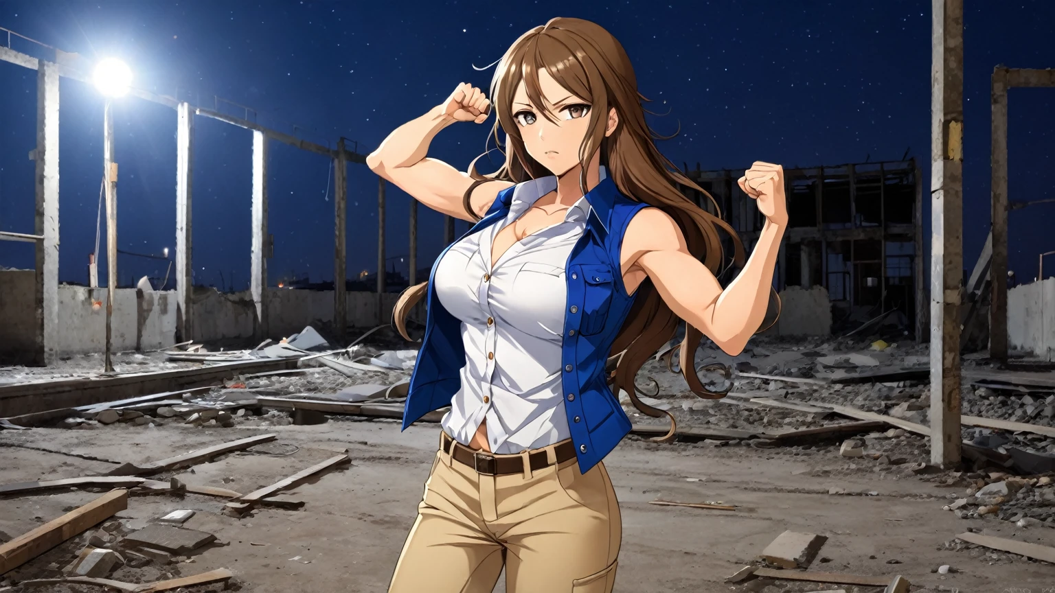 beautiful sexy anime girl with long brown hair & a muscular body, clenching her fists, fight idle pose, wearing white sleeveless button up collared shirt with a blue vest over it & beige khaki pants, in a abandoned urban construction site at night time, 1girl