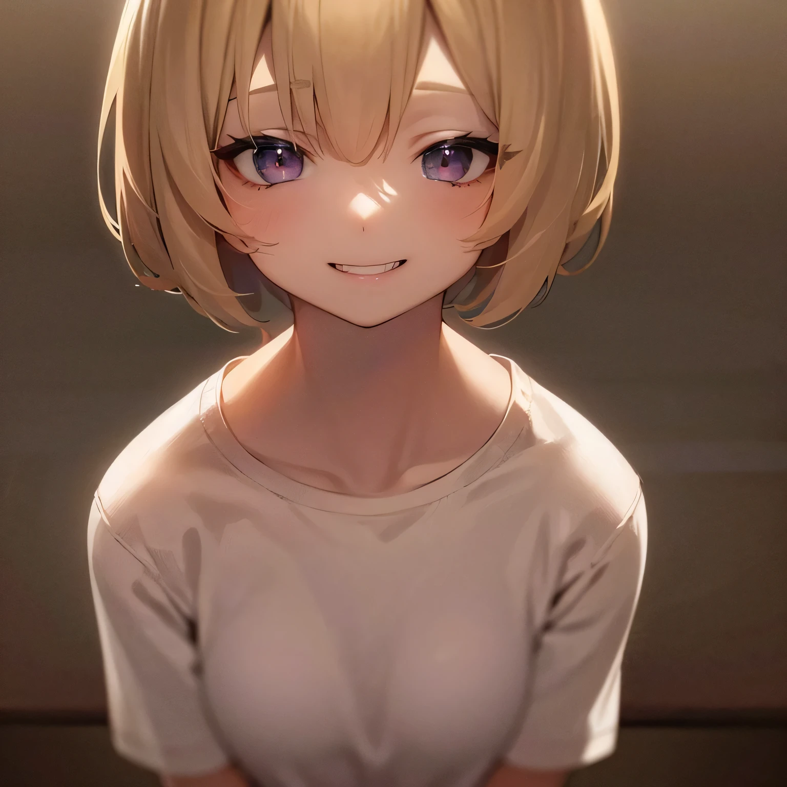 One Girl、Blonde、Short Bob、Close-up of upper body、Tabletop、超A high resolution、No background, thin、Signal with a smile、Laugh with your mouth wide open、Cute Smile、Detailed depiction of the limbs、large size white t-shirt、