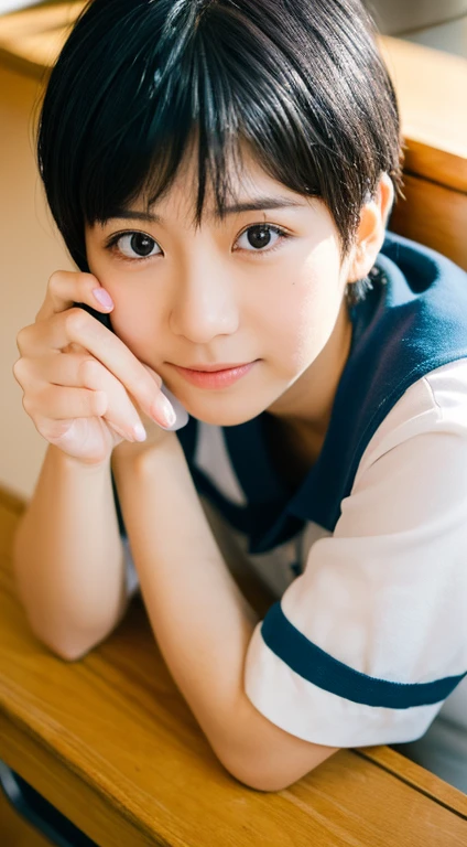 (happy expression:1.26)、RAW photo、(((Ultimate beauty half body photo shoot)))、((glowing skin))、1 girl、35 year old beautiful girl in Prague、10th generation、primary school student、young、Young Face、bright look、detailed face、bewitching、((black haired、short cut hair:1.2))、(Sitting on a chair with elbows on a school desk and legs wide)、((standing on tiptoe))、counter point shot、((super detailed))、(Perfectly detailed face)、(detailed hands)、(finger details)、(excellent human structure)、photorealistic imageasterpiece、最high quality、super detailed、film light、intricate details、High resolution、very detailed))、detailed background、8KUHD、Digital single-lens reflex camera、soft light、high quality、film grain、Fujifilm XT3 、shallow depth of field、natural soft light、Kamimei、classroom、View from slightly below