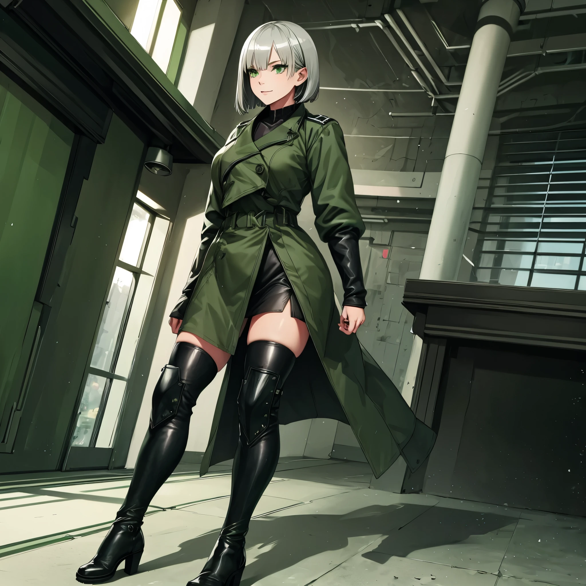 A woman wearing a moss green military uniform, short silver hair, green eyes, smiling, walking in a sophisticated white marble room with green LED lights, full body, exposed thigh, perfect face,close up view, in a sophisticated luxury airport. shadow, flower, UHD, masterpiece, accurate, anatomically correct, textured skin, super detail, high quality, best quality, 8k, high resolution, bokeh effect.(woman solo)
