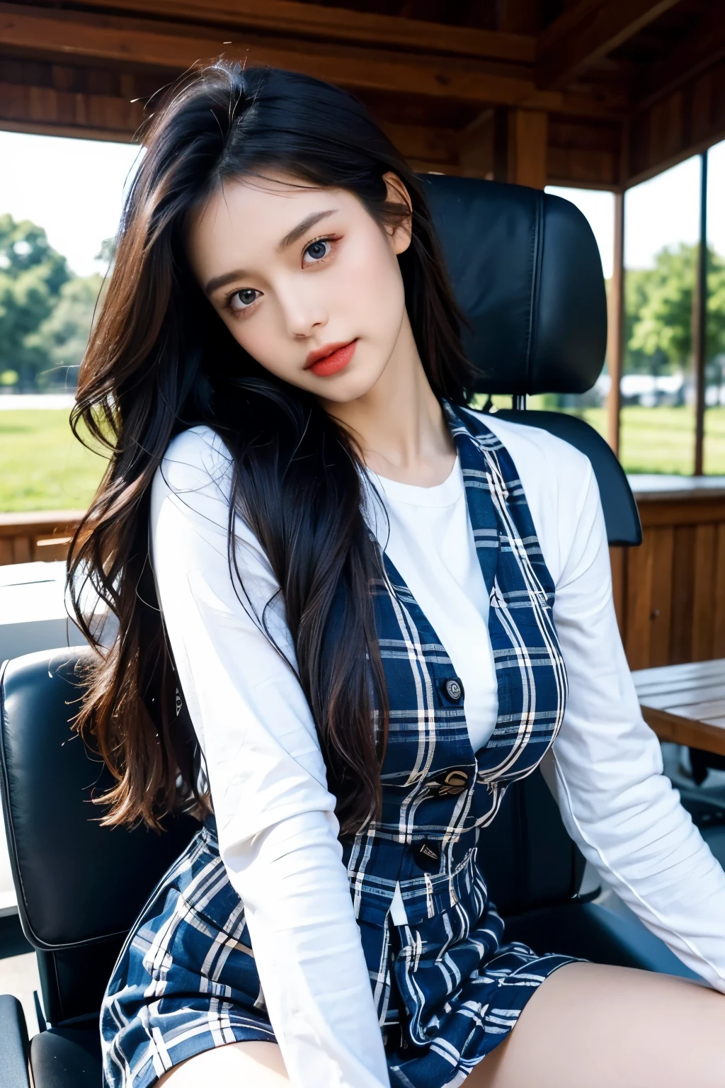 (((masterpiece))),(((best quality))),(realistic:1.1),photorealistic, ultra high resolution, 8K, RAW photos,Professionally color graded, professional photography,very detailed,in detail,(beautiful face), (beautiful detailed eyes,shining eyes),pale skin, glowing skin, (shine light on the face:1),(light on the face:1), 1 woman,long hair,black hair,Heart-Shaped Face,full lips,, plaid skirt, seat, chair,Playground,from below, looking at viewer, checkered vest, Random Actions,