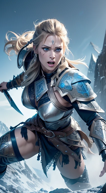 1 gigantic woman, mature woman, solo focus, 45 years old, beautiful Swedish woman, brutish, toned body, blond viking hair, viking leather armor, toned abs, (pale blue skin), bluish eyes, holding battle axe, screaming, masterpiece, ultra HD, insane details, realistic, detailed face, face paint, detailed skin texture, snow forest background, battle field, dynamic angle, berserk,norse, berserker, big arm muscles, leg muscles, (bulky), leather straps, (((medium breasts))),(((blue Norse tattoos))),fit, muscled, detailed face, earrings, ((braided hair)),(((wearing rune etched full plate mail armour))