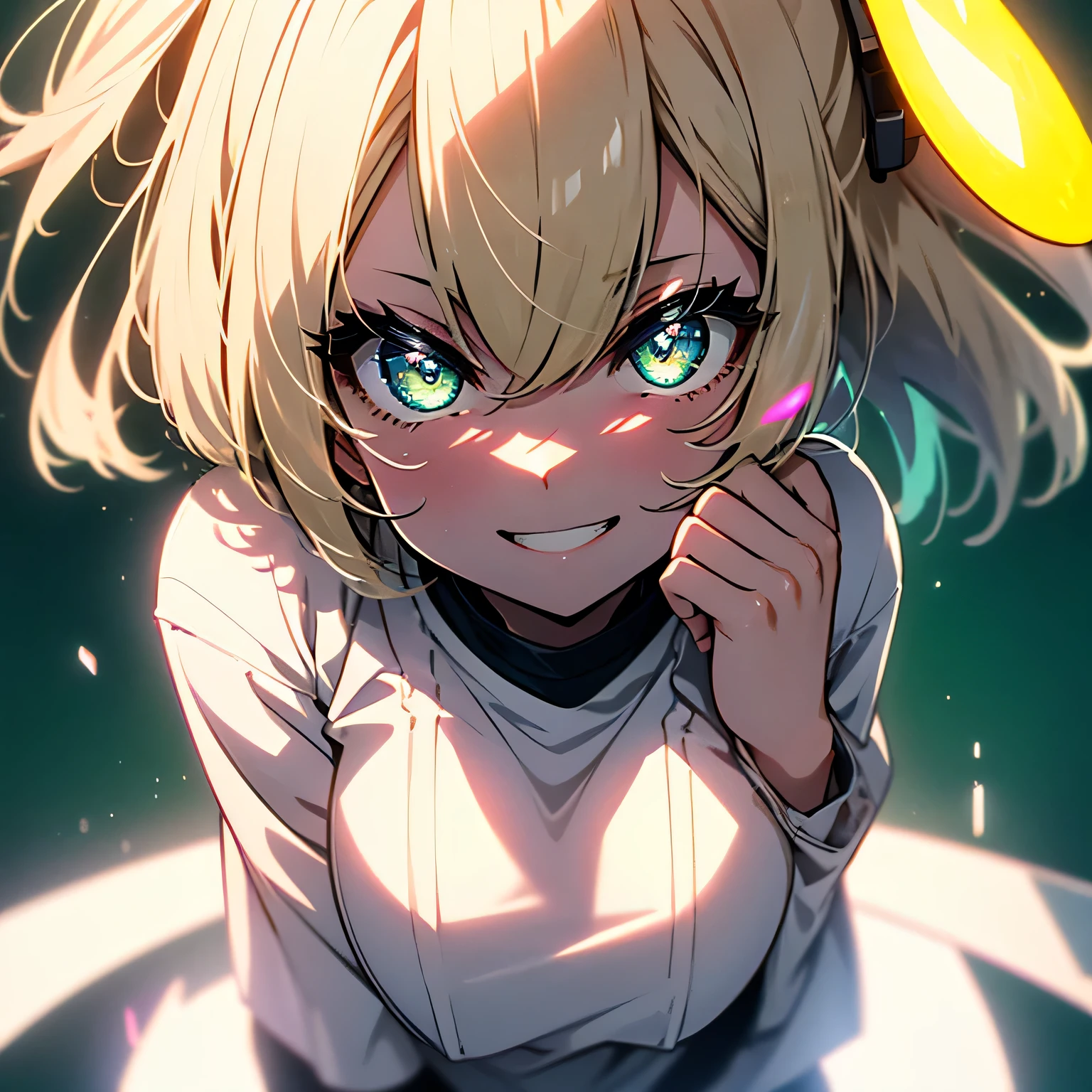 One Girl、Blonde、Emerald Eyes、Short Bob、Close-up of upper body、Tabletop、超A high resolution、No background, thin、Signal with a smile、Laugh with your mouth wide open、Cute Smile、Detailed depiction of the limbs、large size white t-shirt、bright neon background
