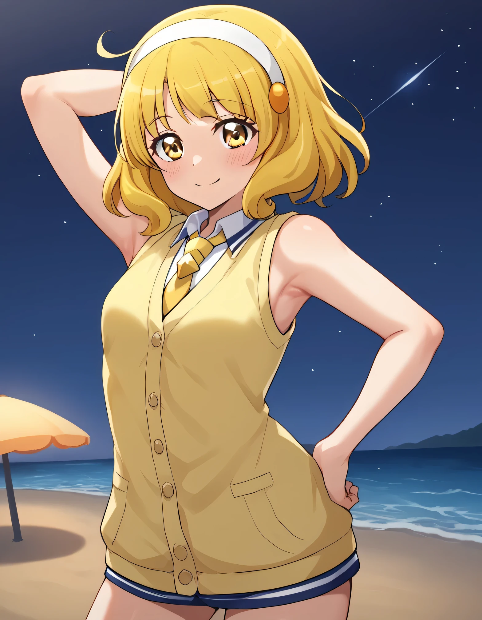 score_9, source_anime, rating_safe BREAK 1girl, solo
kise yayoi, yellow hair, yellow eyes, white hairband, hair ornament, medium hair, nanairogaoka middle , yellow necktie, yellow cardigan, sleeveless, (cowboy shot:1.5), solo, night sky, beach, arm behind head, hand on hip, contrapposto, spread armpits, looking at viewer, best quality, closed mouth, shy, presenting armpit, blushing, smile