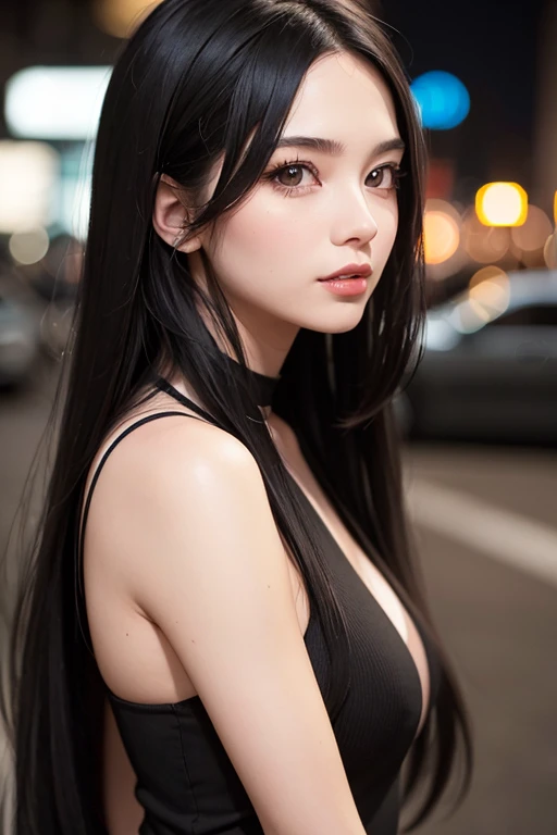 A young, beautiful woman in her 20s with neat, long black hair standing outdoors in an urban setting during the evening. She has a calm and confident expression, wearing a stylish black sleeveless dress. The background features blurred city lights, creating a bokeh effect, and cars on the street, contributing to a sophisticated and modern atmosphere.