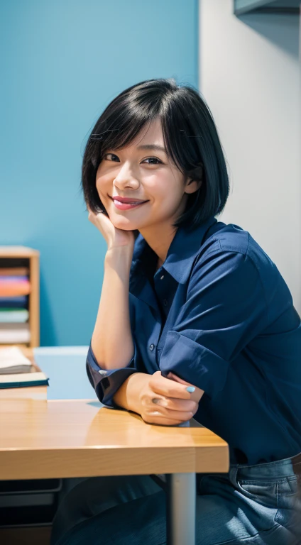 (8K, RAW photo, best quality, resolution: 1.2), (actual, photorealism: 1.5), 1. Female, ((35 years old)), Taiwanese, alone,smile, beautiful woman sitting at desk , ((return)), ((return to camera)), ((blue shirt)), ((black short hair)), detailed subject, cute and very detailed, ((day room)), ((bright) ), (cool lights)