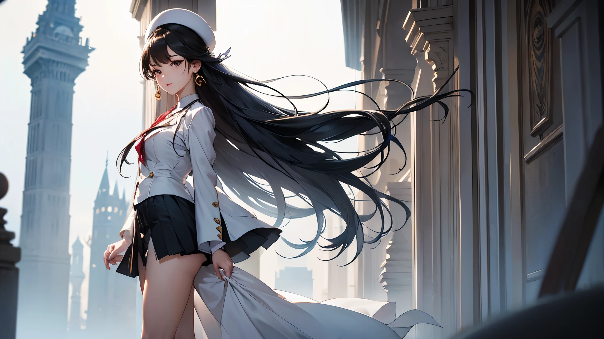 ((Biologically correct limb count))、((Full Body Shot, Full-body photo including face、Head to toe photos))、4K、masterpiece、((Focus on the face))、((Symmetrical facial features))、Eyes of meticulous depiction、Beautiful woman、Excellent style、Beautiful feet、(stockings、High heels with anklets)、Detailed depiction of the face、beret、Small earrings、necklace、((Close-up photo of the upper body))、(blazer、skirt)、Sky City、Scenery of the old castle、sunset、(Low - Angle)、(Troubled face)、((Thick morning fog all around)、I can't see anything around me)、Prone、(Blue Eyes、Blue and silver hair)
