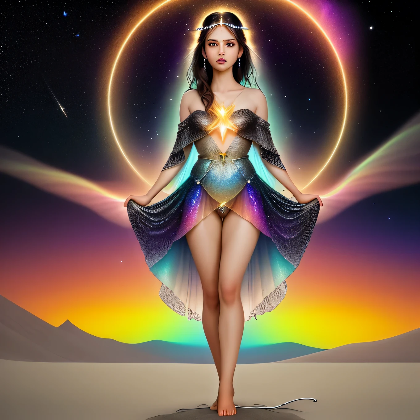 Create an image of a model in a surreal, dreamlike setting that blends natural and fantastical elements. The scene should evoke a sense of wonder and serenity, combining vibrant colors and ethereal details.Background:Landscape: A vast desert with giant, floating geometric shapes that cast soft, otherworldly shadows. The sky is a mesmerizing gradient of twilight hues—deep purples, pinks, and oranges, dotted with shimmering stars and ethereal clouds.Ground Details: The sand is a mixture of gold and silver, creating a sparkling effect as if infused with stardust. Distant mountains glow with a surreal luminescence, adding depth to the scene.Model and Attire:Outfit: The model wears a flowy, ethereal gown that seems to blend with the surrounding colors. The fabric is iridescent, catching and reflecting the light in a spectrum of colors. The dress features intricate patterns resembling cosmic constellations.Accessories: The model's accessories are whimsical and fantastical—crystal jewelry that refracts light into rainbows, a delicate headpiece made of luminescent feathers, and barefoot sandals adorned with shimmering beads.Pose and Expression:Pose: The model stands gracefully, one hand gently touching a floating geometric shape, the other raised as if reaching for the stars. Their posture exudes a sense of wonder and serenity.Expression: The model's face is serene and contemplative, eyes gazing softly into the distance as if lost in a daydream.Lighting and Effects:Lighting: The primary light source is the surreal twilight sky, casting a soft, magical glow over the entire scene. The floating shapes emit a gentle, ambient light that enhances the ethereal atmosphere.Effects: Subtle sparkles drift through the air, and faint trails of light follow the model's movements, adding a dynamic, mystical quality. The geometric shapes occasionally pulse with light, creating a rhythm that adds to the dreamlike feel.Mood and Aesthetic:Mood: The overall vibe is otherworldly and serene, cap