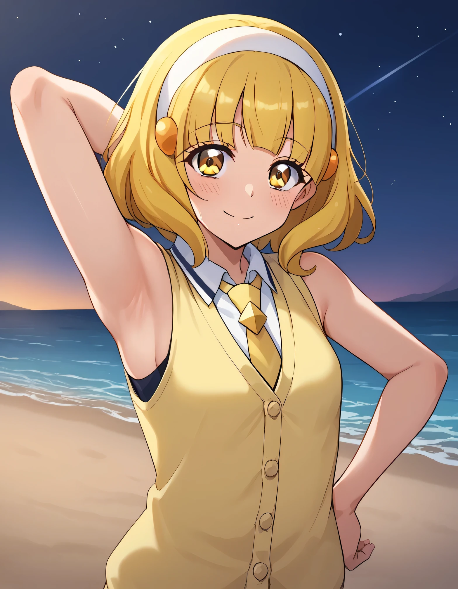 score_9, source_anime, rating_safe BREAK 1girl, solo
kise yayoi, yellow hair, yellow eyes, white hairband, hair ornament, medium hair, nanairogaoka middle , yellow necktie, yellow cardigan, sleeveless, (cowboy shot:1.5), solo, night sky, beach, arm behind head, hand on hip, contrapposto, spread armpits, looking at viewer, best quality, closed mouth, shy, presenting armpit, blushing, smile