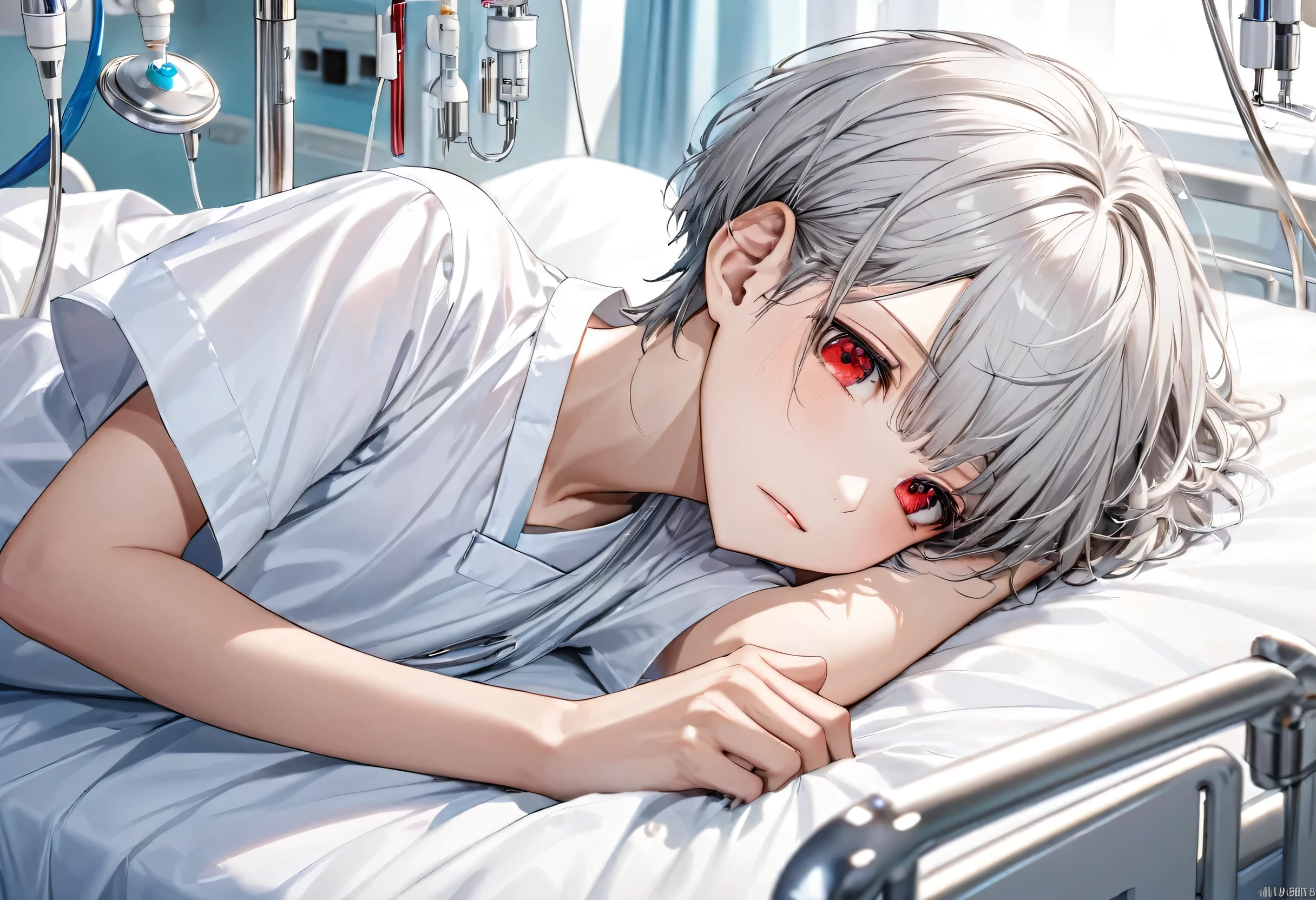 (rest style) (own back Lying on the bed), (solo crew cut silver hair very short hair sad boy, detailed red eyes, Troubled face), (15 yo), (in a white Hospital gown), BREAK, (in the Hospital bedroom, bed side on Vital Instruments), BREAK, perfect anatomy, masterpiece, best quality, 16k, beautiful detailed grow, daydreaming expression.