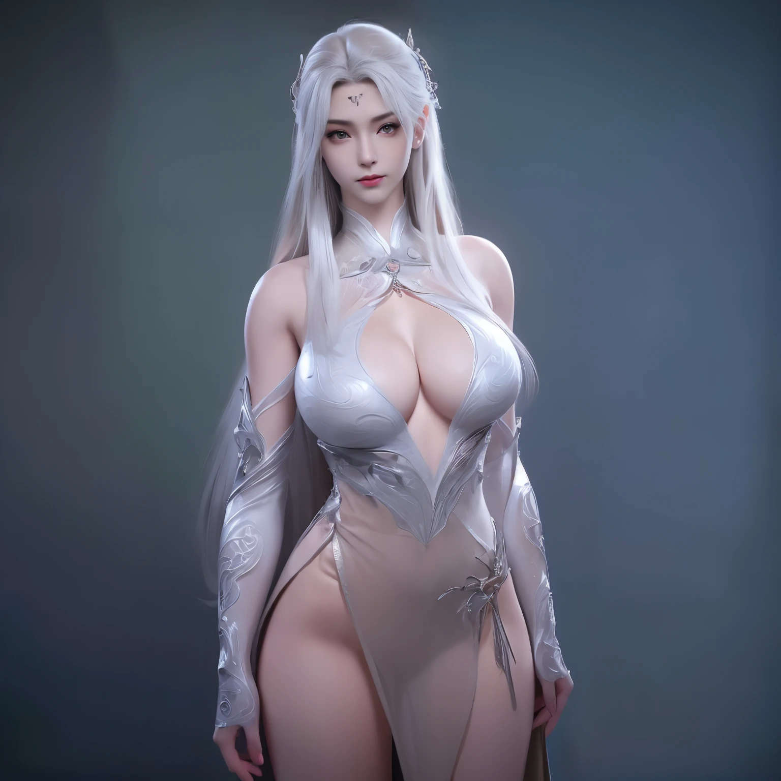 (hyperrealistic), (illustration), (high resolution), (8K), (extremely detailed), (best illustration), (beautiful detailed eyeest quality), (ultra-detailed), (masterpiece), (wallpaper), (photorealistic), (natural light), (rim lighting), (detailed face), (high detailed realistic skin texture), (anatomically correct), (solo), (1 girl), (high detailed realistic hair), (white hair:1.35), (heterochromic eyes), (detailed eyes), (light brown eyes:1.37), (sparkling eyes), (realistic big breasts:1.5), (exposed breasts:1.35), (long legs), (slender abs), (dynamic pose), (closed tiny mouth:1.3), nsfw, concentrated expression.
