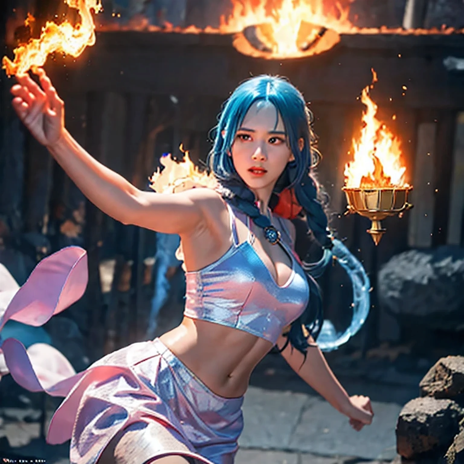  there is a girl with blue hair and a white dress holding a fire, ice sorceress, the sorceress casting a fireball, fantasy character photo, casting fire spell, (octane render) fantasy style, ice and fire, a sorceress casting a ice ball, realistic fantasy render, she has fire powers, ice mage, fantasy photoshoot  ,      arafed(((Perfect college student))