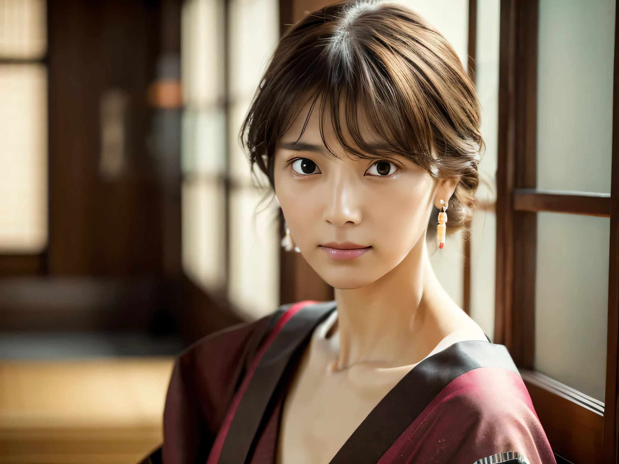 Look into the eyes, Eye contact, Front of face, Front face, face, head, Cross-legged, indoor, Brown Hair, bangs, kimono Sweat, clavicle, shoulder, Cross-legged, Light from below, chest, Earrings, Skin Moisture, Condescending eyes, A stare of disdain