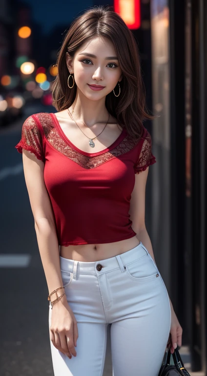 8k, masterpiece, RAW photo, best quality, photorealistic, extremely detailed CG unity 8k wallpaper, Depth of field, Cinematic Light, Lens Flare, Ray tracing, (extremely beautiful face, beautiful lips, beautiful eyes), intricate detail face, ((ultra detailed skin)) 1girl, in the dark, deep shadow, pretty korean girl, kpop idol,(very slim slender fit-muscled body:1.3), ((looking at viewer)),(big smile:1.3), (fashion city night, (neon sign), (blurry background), midnight, (no people), (without people in the background:1.3), pretty korean girl, white diamond earrings, dia bracelets, dia necklace, pantyhose, clear eyes, walking , front shot, (pale skin), face forward, (big eyes), full body shot, ((see through, white color top)), ((red color shorts:1.3)), (brown hairs) (looking at viewer:1.3), (see through blouse), (laced), open breast, very slim, medium breasts, Hermes bag, ((camel toe))
