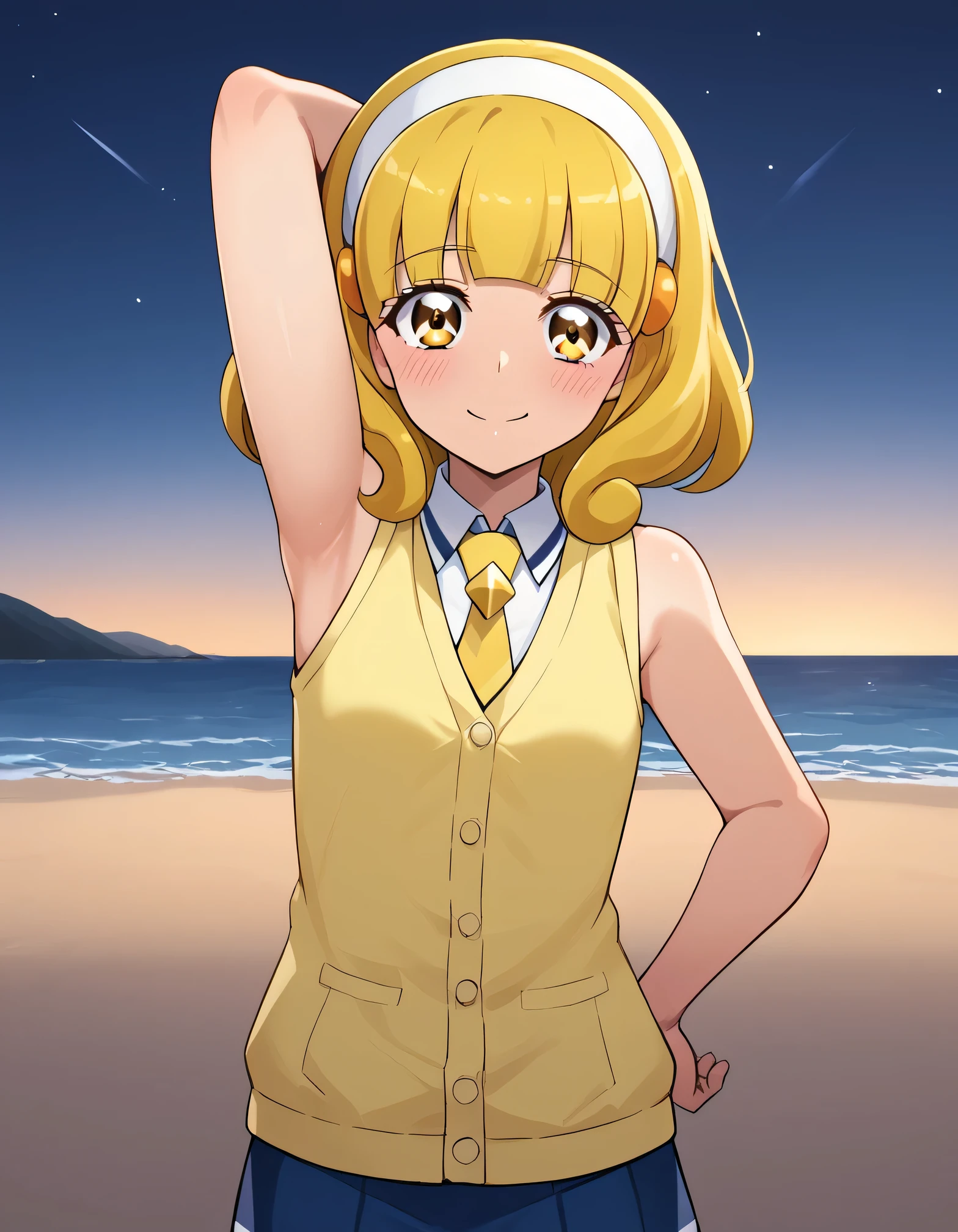 score_9, source_anime, rating_safe BREAK 1girl, solo
kise yayoi, yellow hair, yellow eyes, white hairband, hair ornament, medium hair, nanairogaoka middle , yellow necktie, yellow cardigan, sleeveless, (cowboy shot:1.5), solo, night sky, beach, arm behind head, hand on hip, contrapposto, spread armpits, looking at viewer, best quality, closed mouth, shy, presenting armpit, blushing, smile