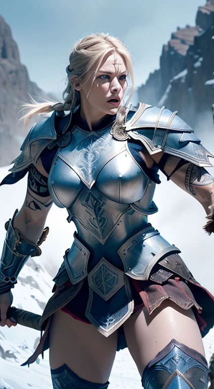 1 gigantic woman, mature woman, solo focus, 45 years old, beautiful Swedish woman, brutish, toned body, blond viking hair, viking leather armor, toned abs, (pale blue skin), bluish eyes, holding battle axe, screaming, masterpiece, ultra HD, insane details, realistic, detailed face, face paint, detailed skin texture, snow forest background, battle field, dynamic angle, berserk,norse, berserker, big arm muscles, leg muscles, (bulky), leather straps, (((medium breasts))),(((blue Norse tattoos))),fit, muscled, detailed face, earrings, ((braided hair)),(((wearing rune etched full plate mail armour))