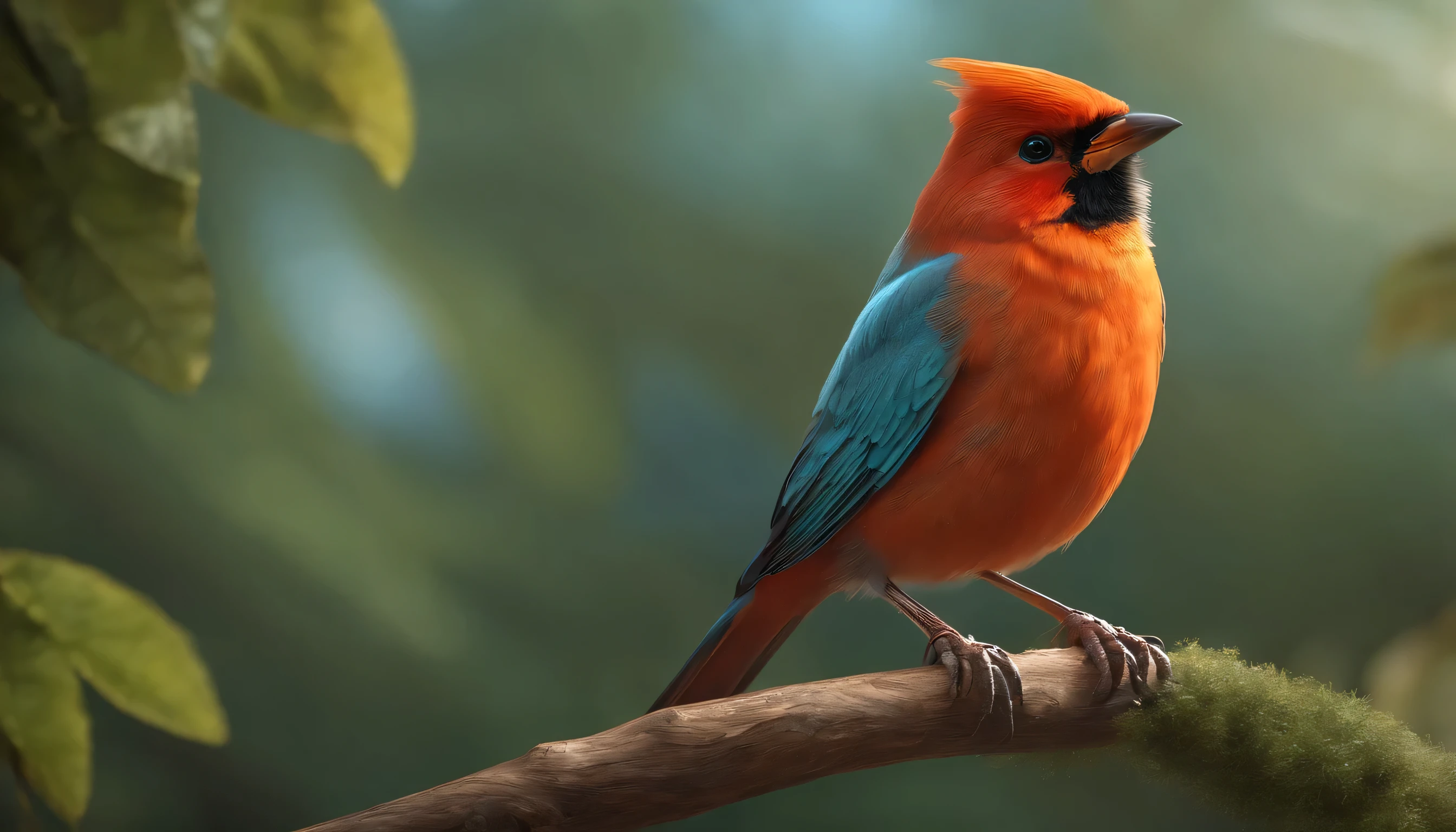 diamanr bird four colors blue aquamarine orange red whole body this is the protagonist on the tree natural realistic rendering, Highly detailed and realistic, Photorealistic rendering, Realistic concept art, Hyper-realistic rendering, Red realistic 3D rendering, CGsociety 的 Aves, Realistic images, Highly detailed and realistic, Ultra-realistic rendering details, Realistic and detailed images, red bird, Ultra-detailed rendering, High-quality rendering,Bird swinging on a branch
