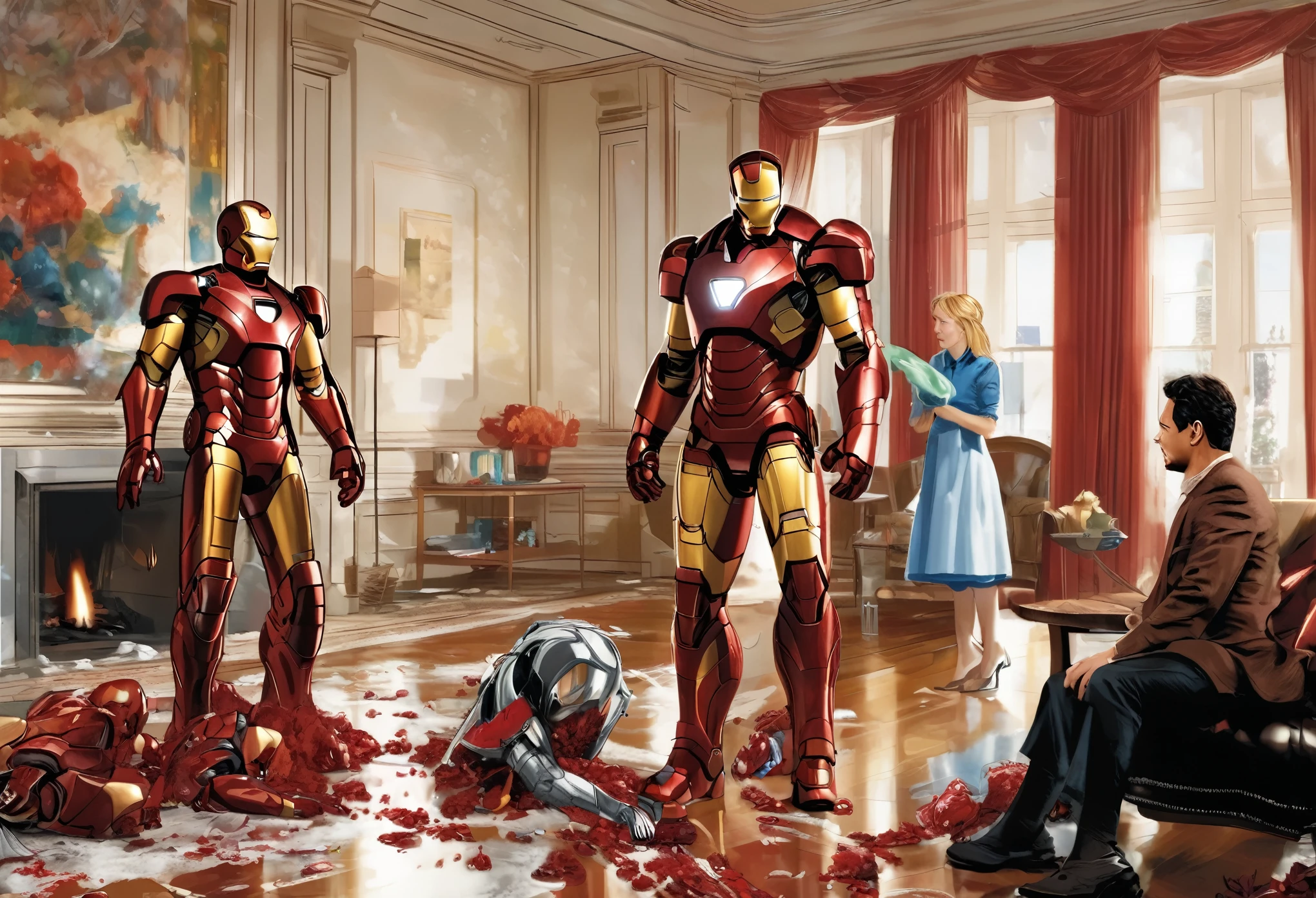Iron man, silver and red armor, wearing a Maid outfit over his armor, cleaning up a mess in a posh living room. Pepper Potts supervises looking annoyed