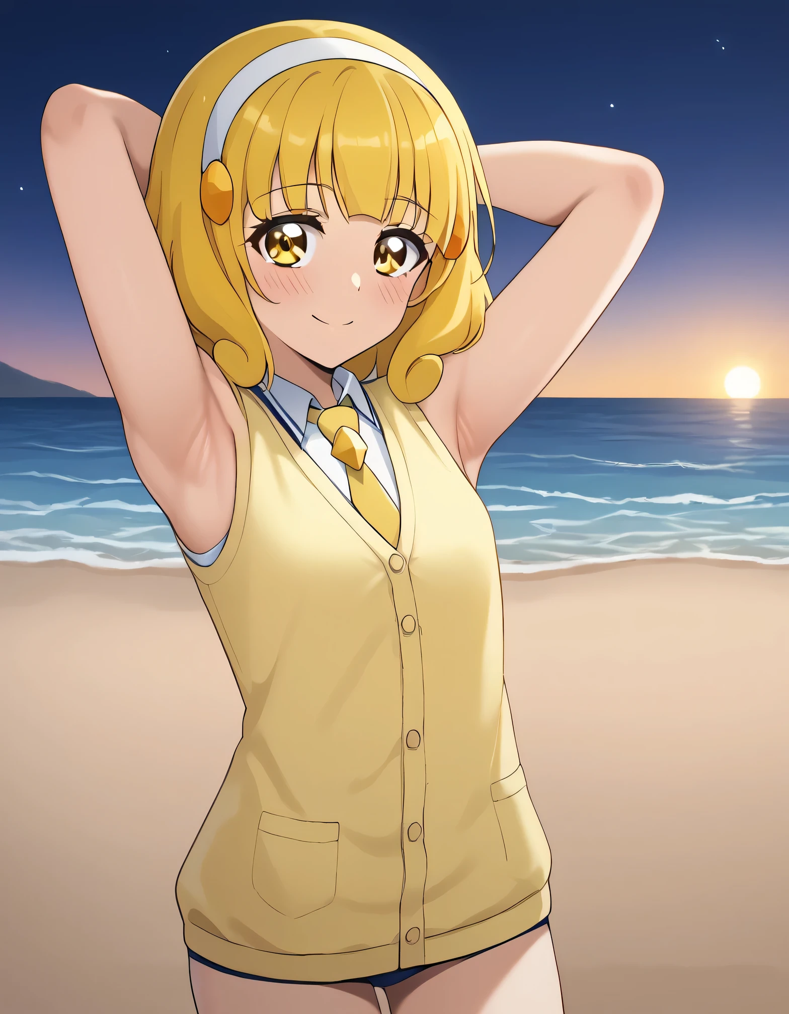 score_9, source_anime, rating_safe BREAK 1girl, solo
kise yayoi, yellow hair, yellow eyes, white hairband, hair ornament, medium hair, nanairogaoka middle , yellow necktie, yellow cardigan, (cowboy shot:1.5), solo, night sky, beach, arm behind head, contrapposto, spread armpits, looking at viewer, best quality, closed mouth, shy, presenting armpit, hand on own armpit, blushing, smile, sleeveless,