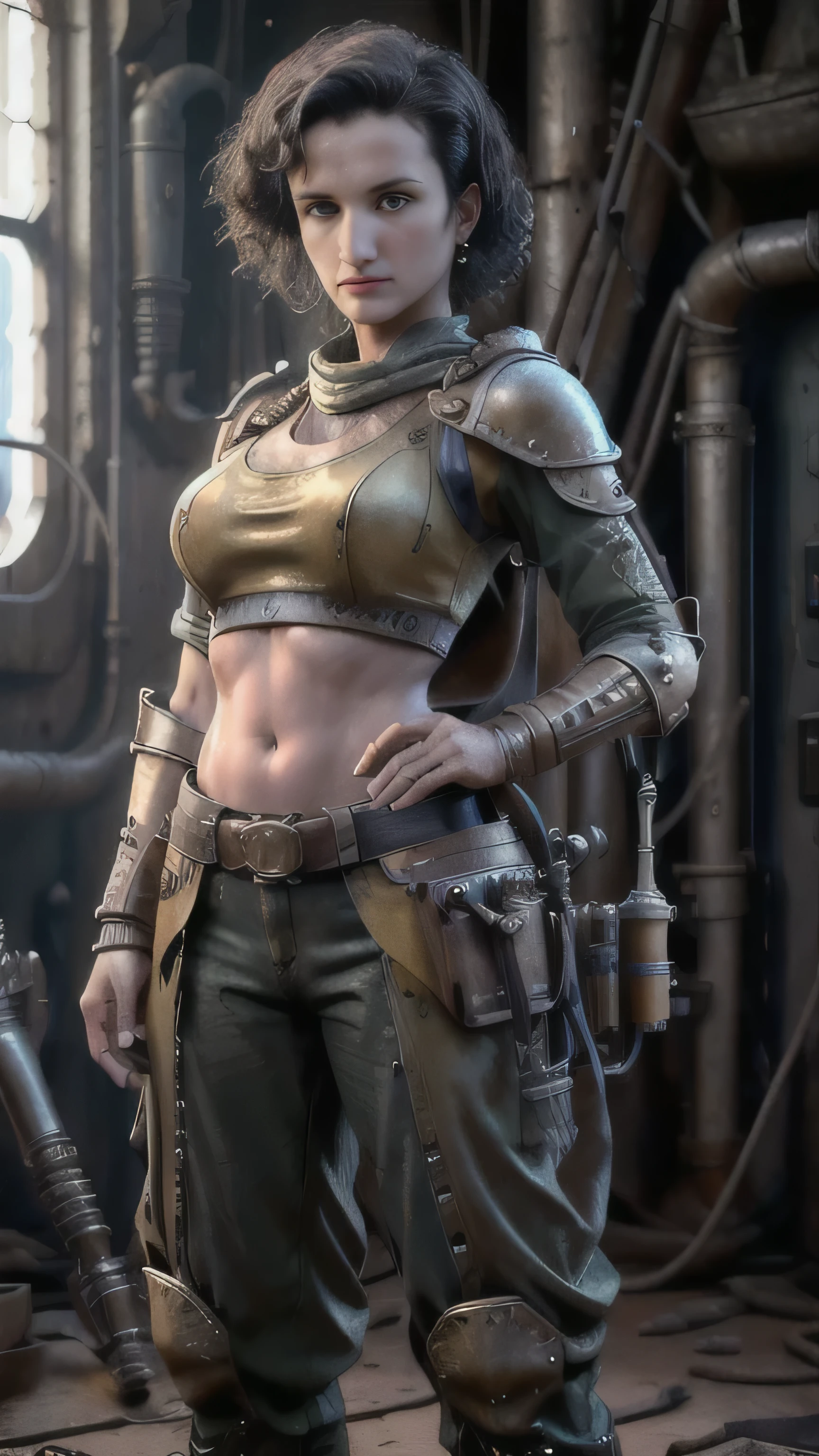 dieselpunkai, (Indira Varma) as Ellaria Sand, yellow dieselpunk armor, midriff, navel, boots, standing, in an dieselpunk oasis, (1woman), (solo), (full body view), beautiful detailed glow, detailed, cinematic light, intricate detail, realistic, highres, detailed facial features, high detail, sharp focus, smooth, aesthetic, extremely detailed, stamp, octane render