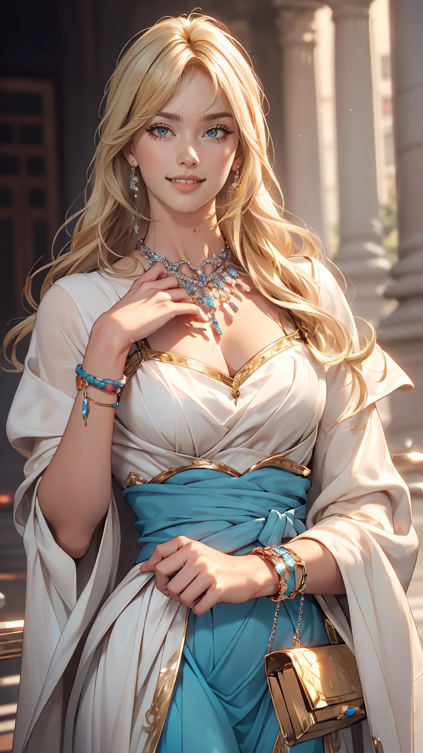 (8K, RAW Photos, highest quality, masterpiece:1.2), (Realistic, photo-Realistic:1.37)、Earrings, eyelash, pantyhose、セクシーな刺激的なsmile、 (Shiny skin:1.05)、Venus Body、Having her hair done、My chest is popping out、Wear accessories on your wrist、Wearing accessories on the ankle、Background blur((depth of field)、smile、White woman、Platinum Blonde、blue eyes、long hair、Hair becomes wavy