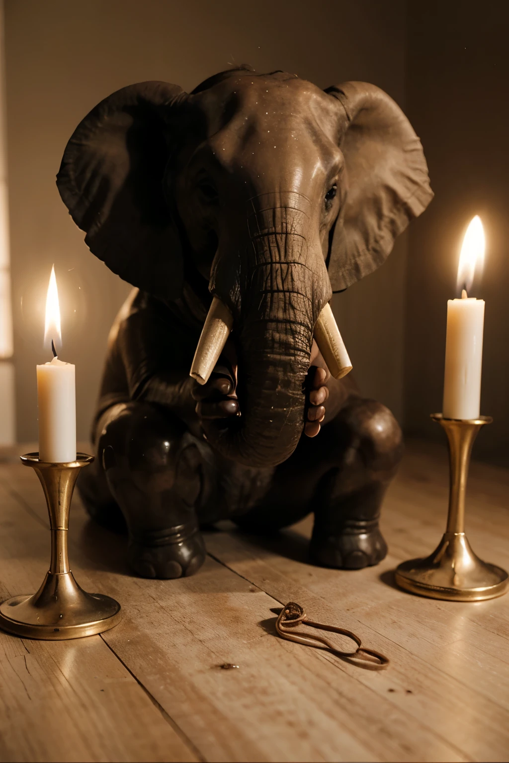Elephant holding a candlestick with candles.